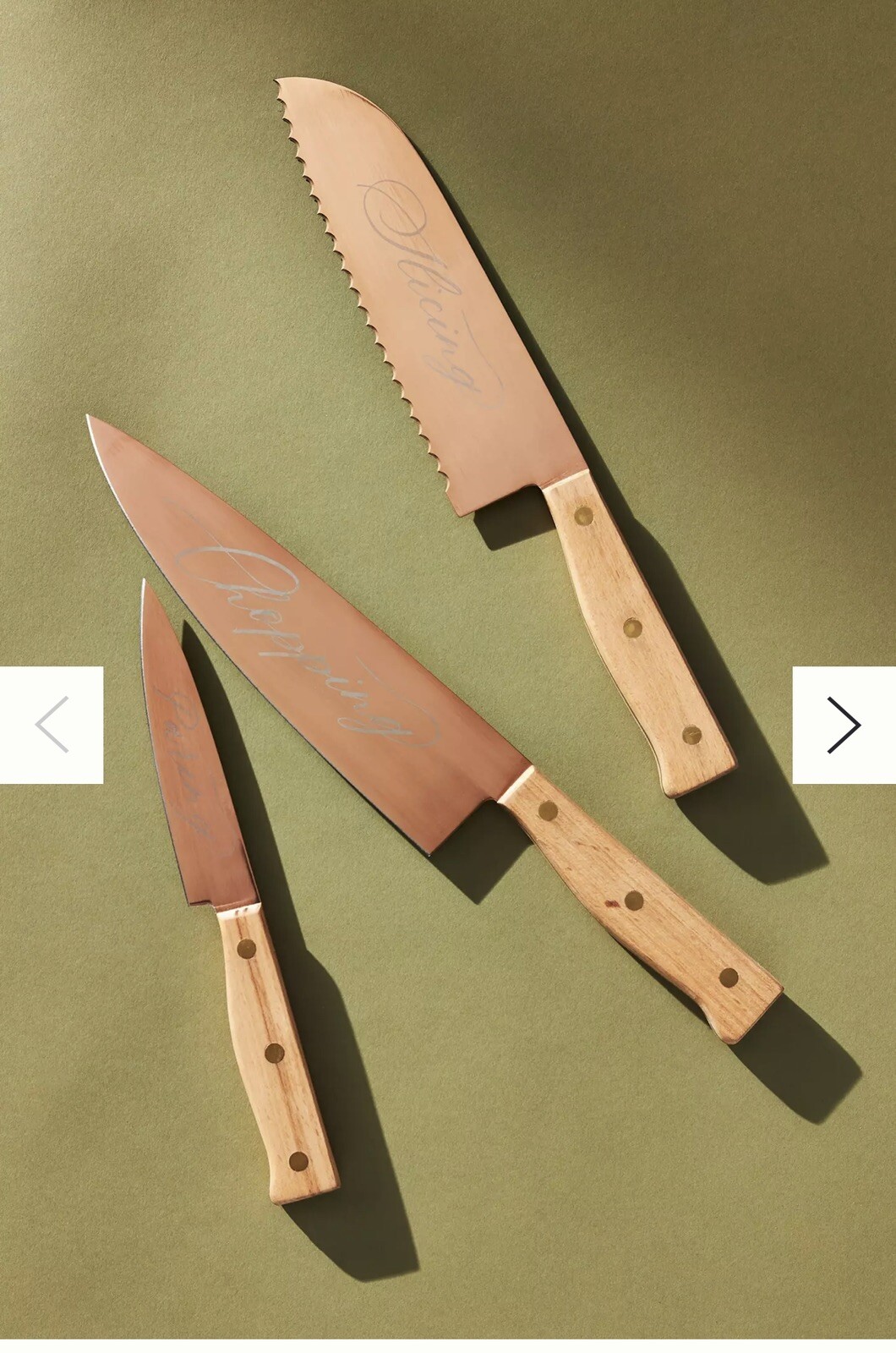 New 3 Piece Marais Copper Stainless Beechwood Knife Set Anthropologie Boxed Gift