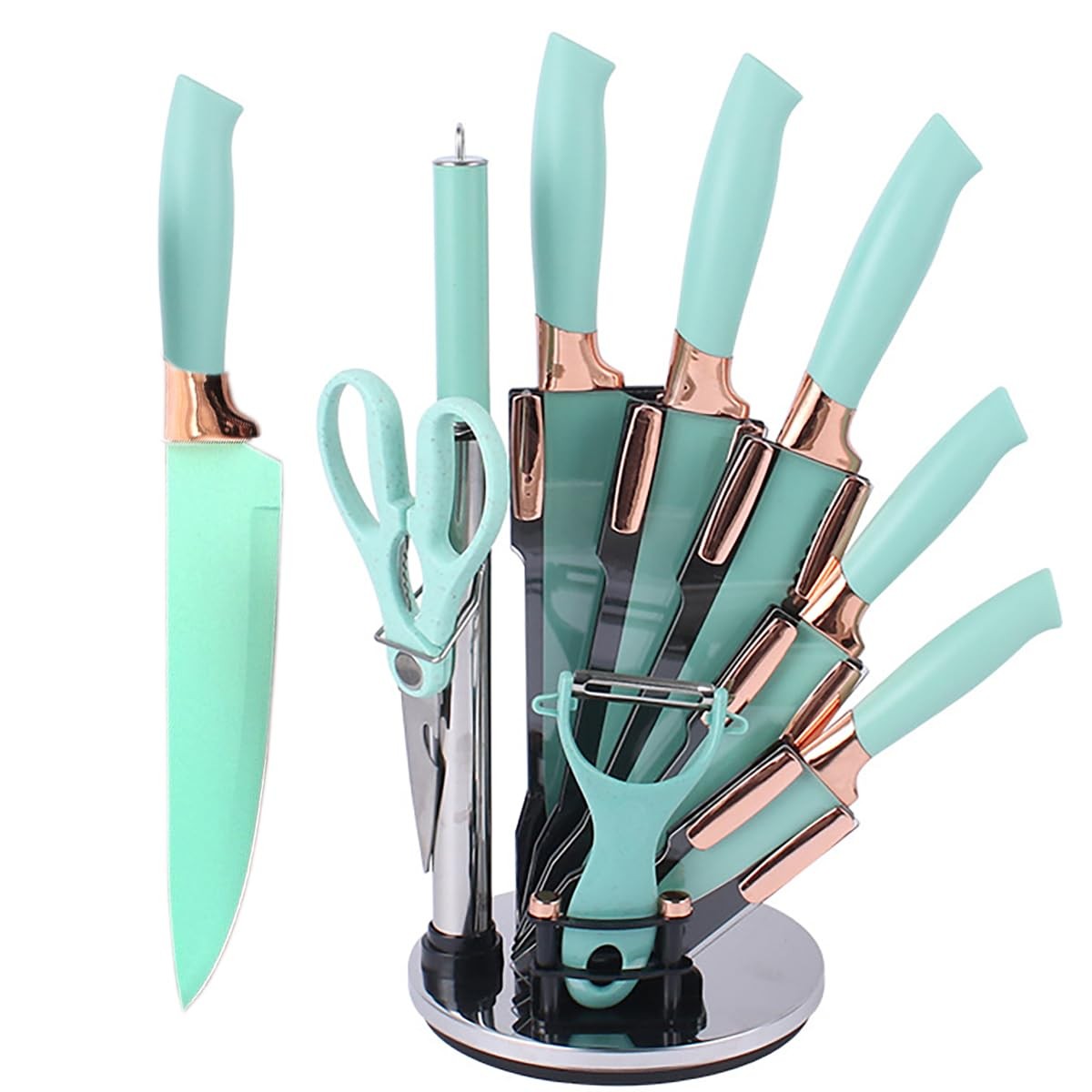 Kitchen Knife Set, 9Pcs Stainless Steel Non Stick Knife Block Set, Sharp Cutl…