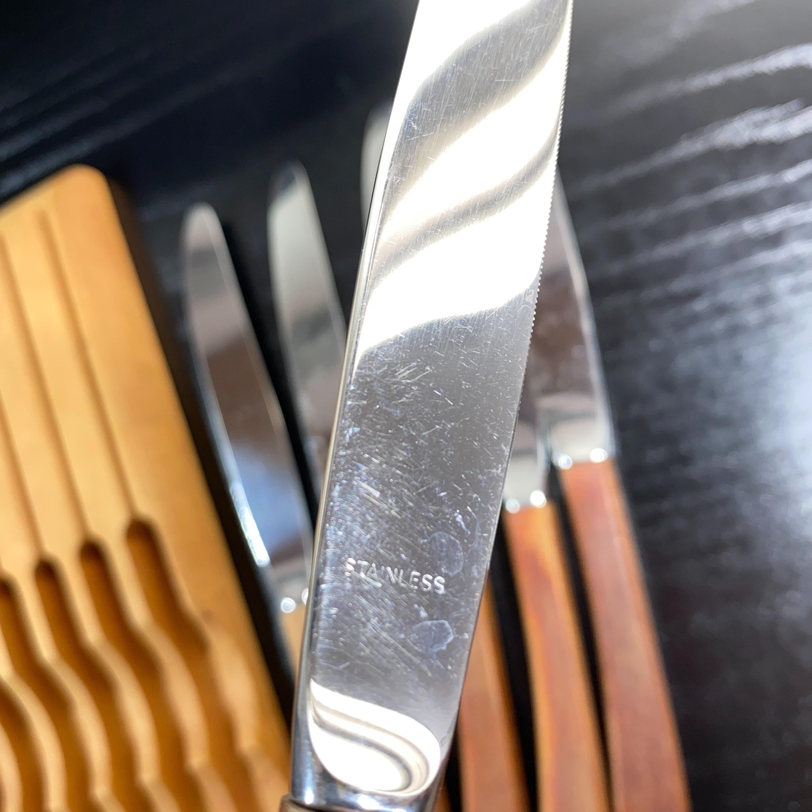 Vintage Steak Knives Set Of 7 Teak Wood Handles Stainless With Tray Brown MCM