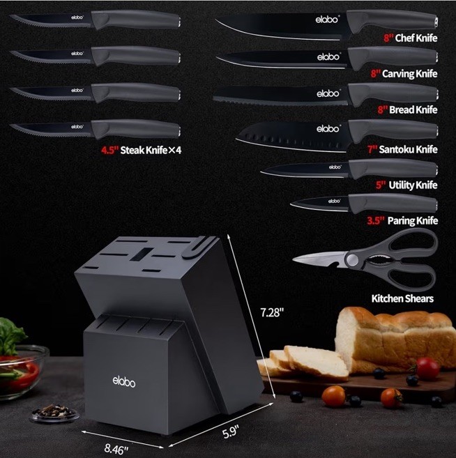 Elabo Professional Kitchen Knife Set Black High Carbon Stainless Steel