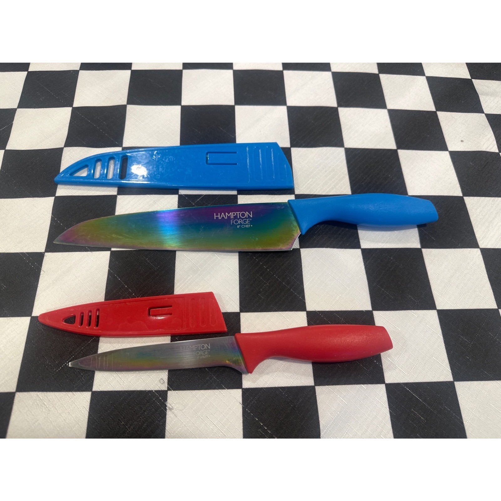 Hampton Forge Tomodachi Rainbow Titanium Knife Set 8in Chef 5in Utility parer