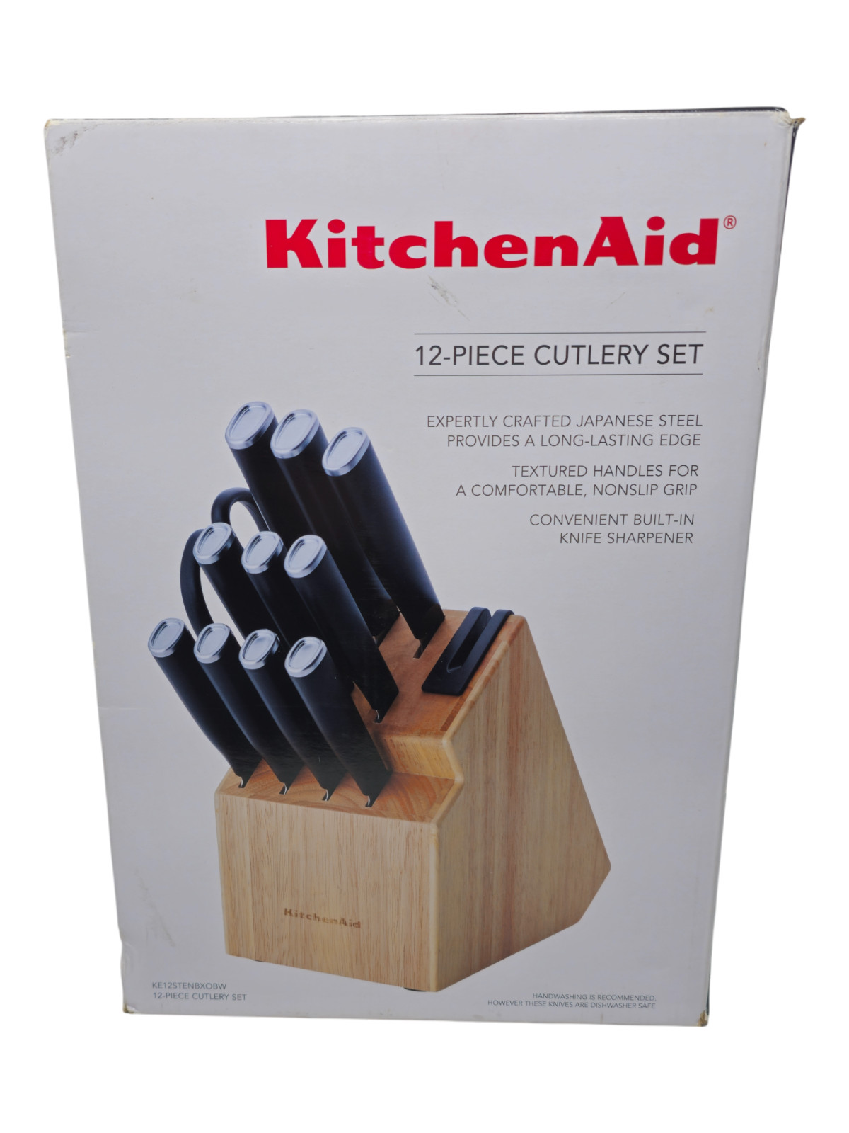 Kitchen Aid 12 Piece Cutlery Set Japanese Steel W/ Wood Block Opened Box