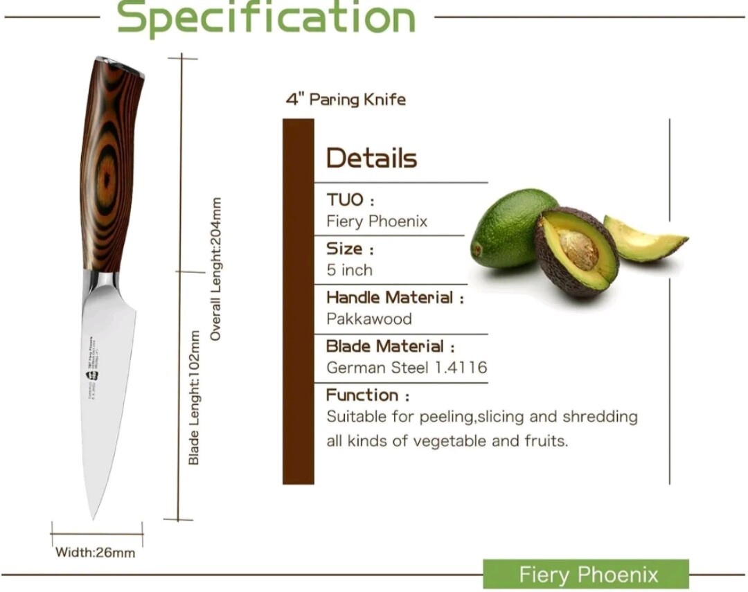 Tuo Cutlery Fiery Phoenix 4″ Small Paring Kitchen Fruit Knife Pakkawood Handle