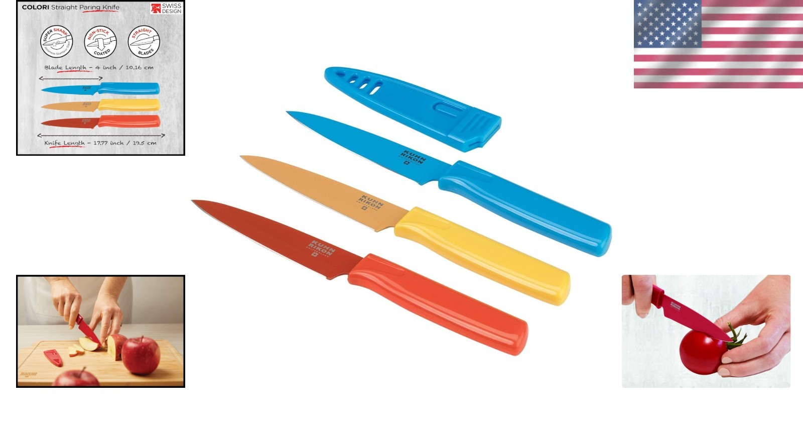 Vibrant 4-Inch Straight Paring Knife Set with Safety Sheath – Red, Yellow, Blue