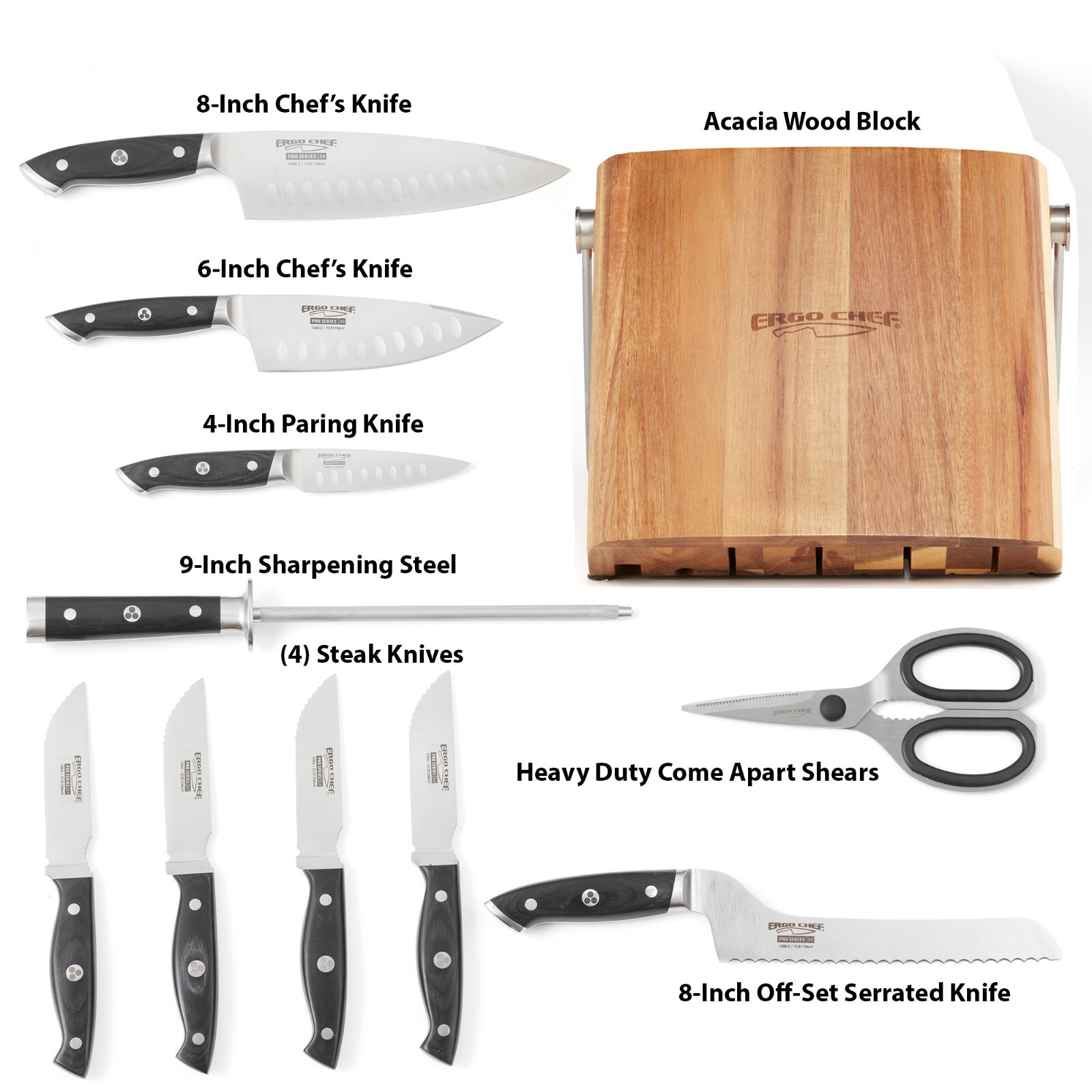 Ergo Chef Knife Block Set 11pc Pro Series 2.0 Forged Knives Acacia Wood Block