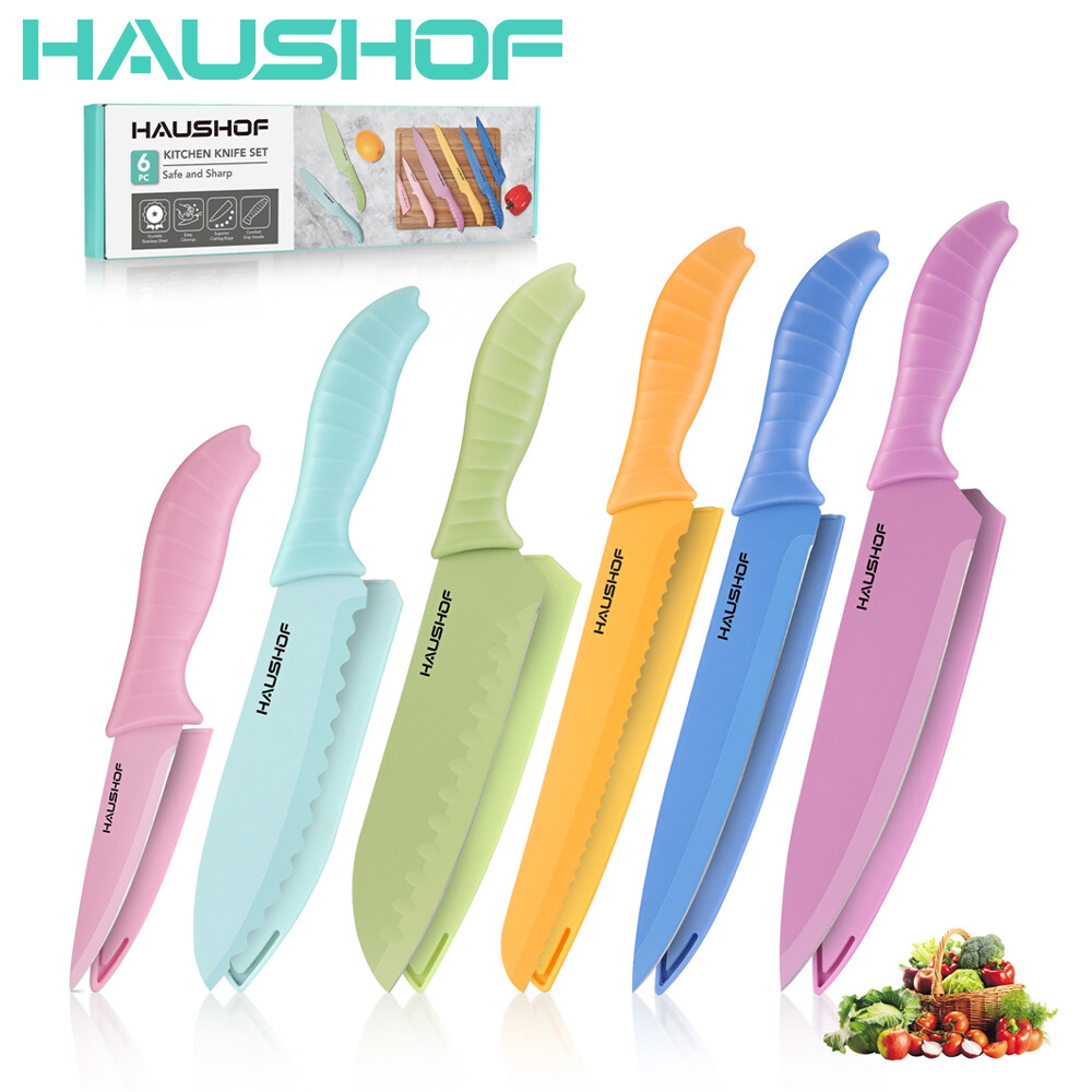 HAUSHOF Kitchen Knife Set 6PC Non-Stick Coated Stainless Steel Blades for Dicing