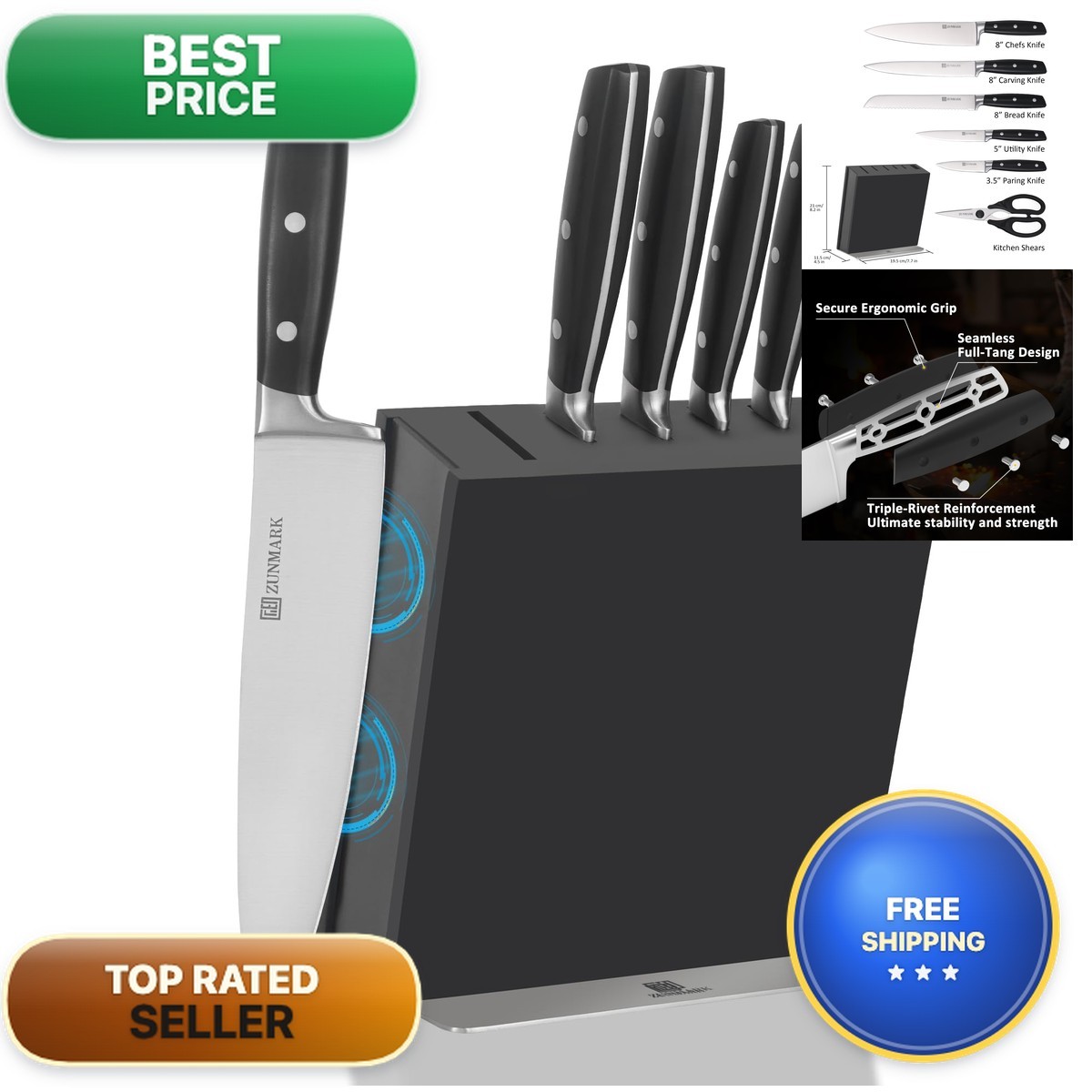 ZUNMARK Knife Set, 7 Piece Sharp Chef Knife Set Solid Wood Block, Unique