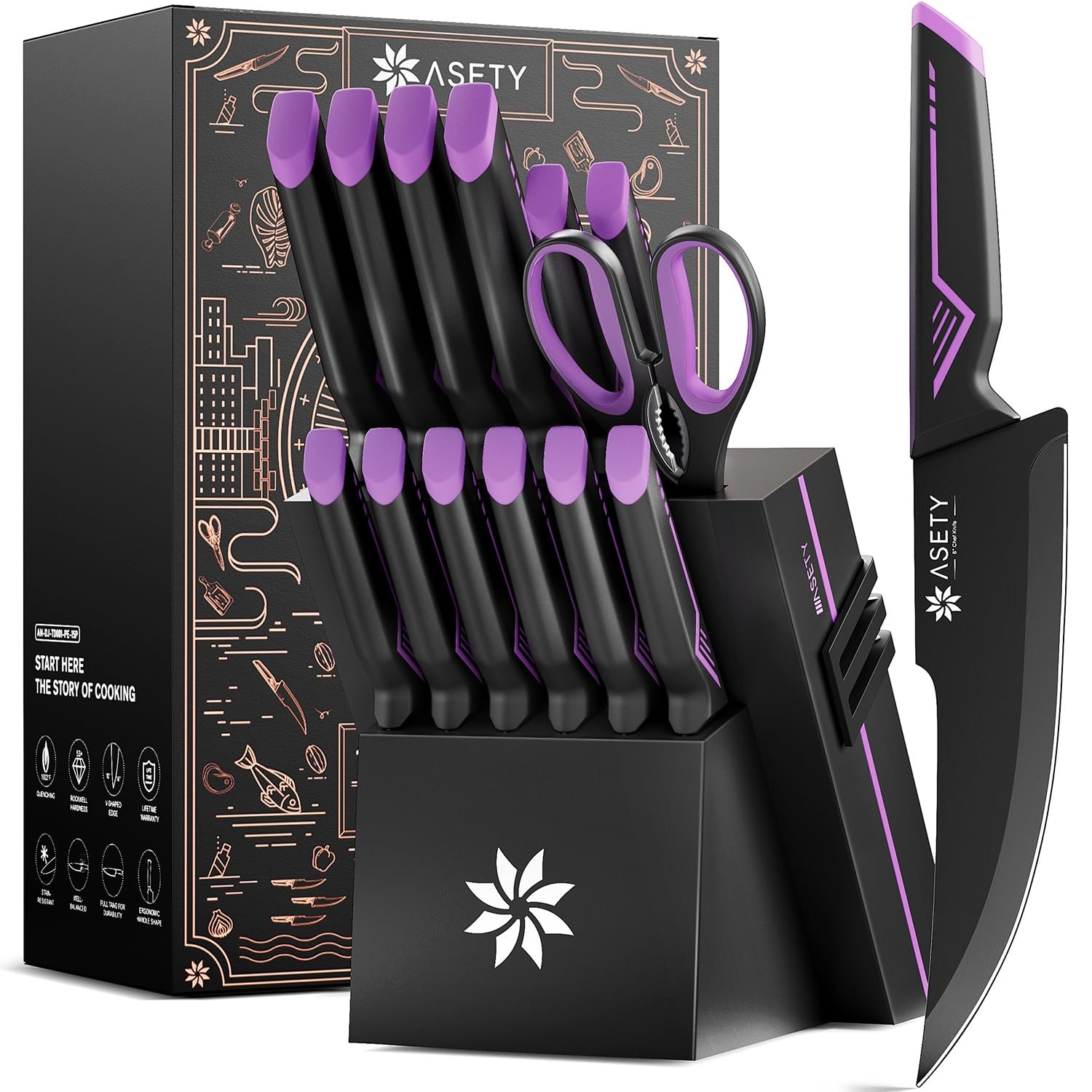 Knife Set – 15 PCS Kitchen Knife Set with Built-in Knife Sharpener Block – St…