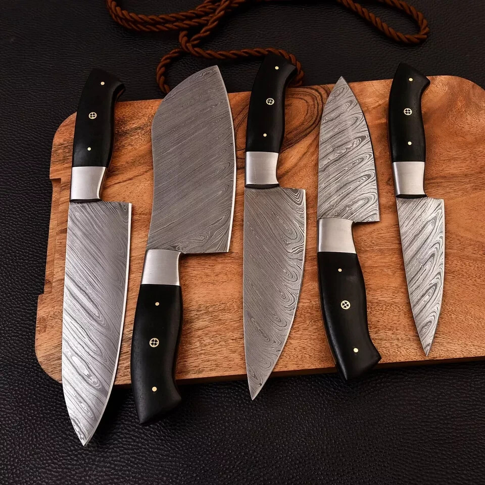 NEW HANDFORGED DAMASCUS STEEL BLADE 5 KNIVES SET BLACK PLASTIC HANDLE