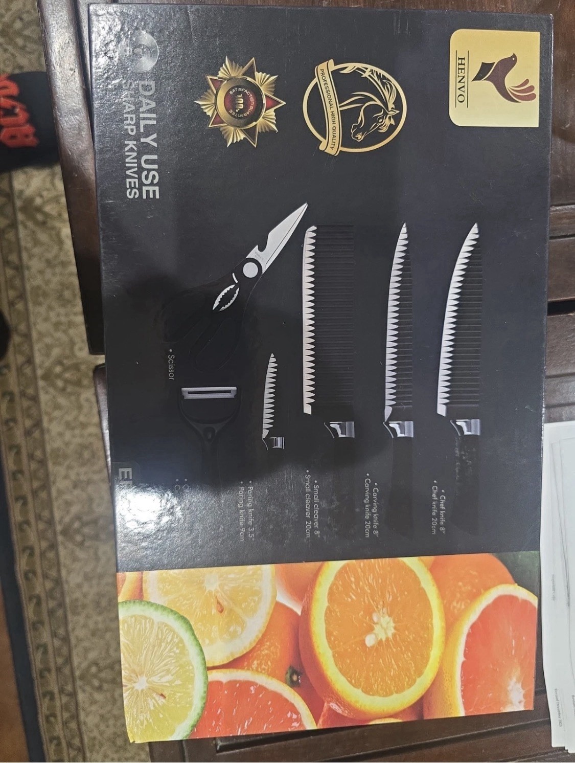 HENVO 6pc Stainless Steel Serrated Knife Set w/ Scissors Black ER-0238A