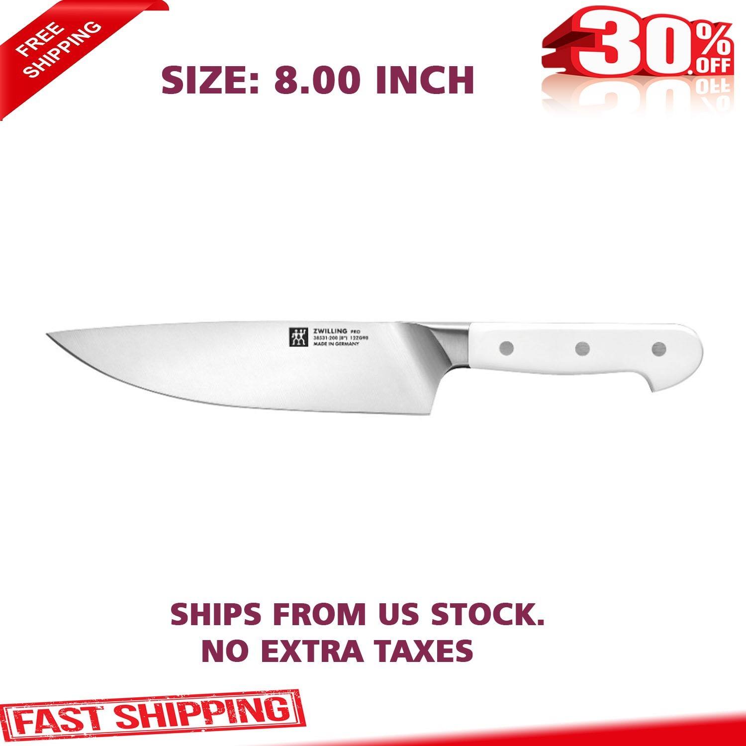 8-inch, Chef’s Knife, Ergonomic White Polymer, Triple-Rivet Handle, Comfort