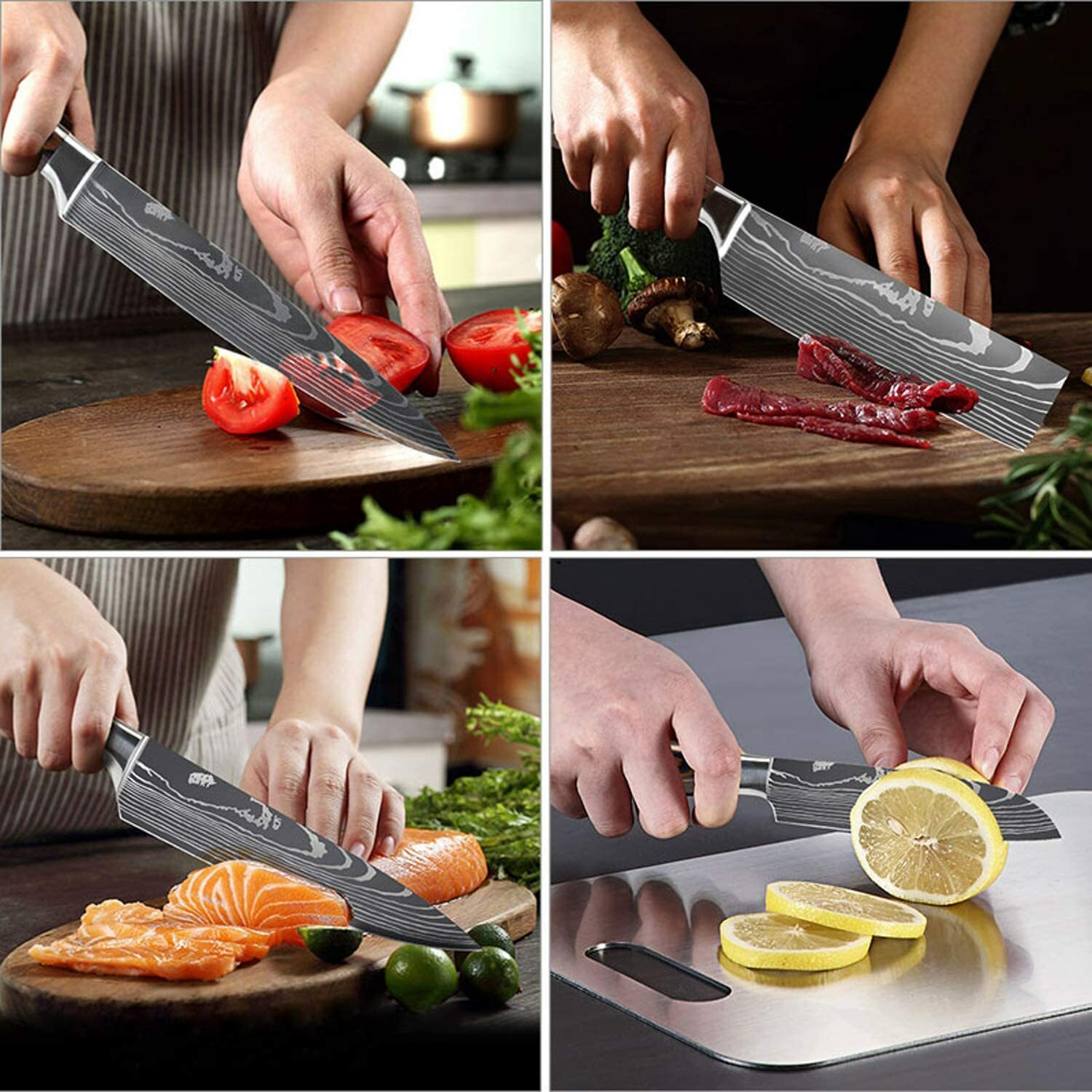 Japanese Kitchen Knives Set Damascus Pattern Chef Knife Stainless Steel Sharp US