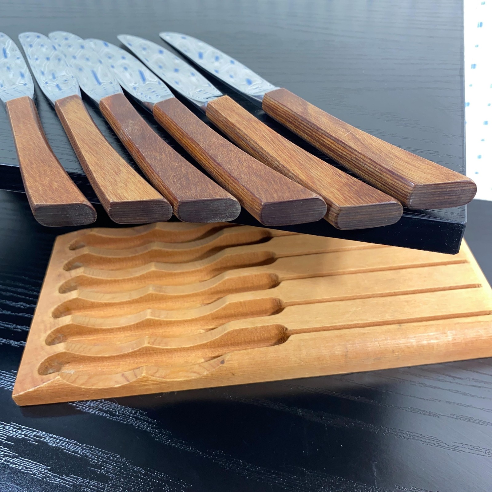 Vintage Steak Knives Set Of 7 Teak Wood Handles Stainless With Tray Brown MCM