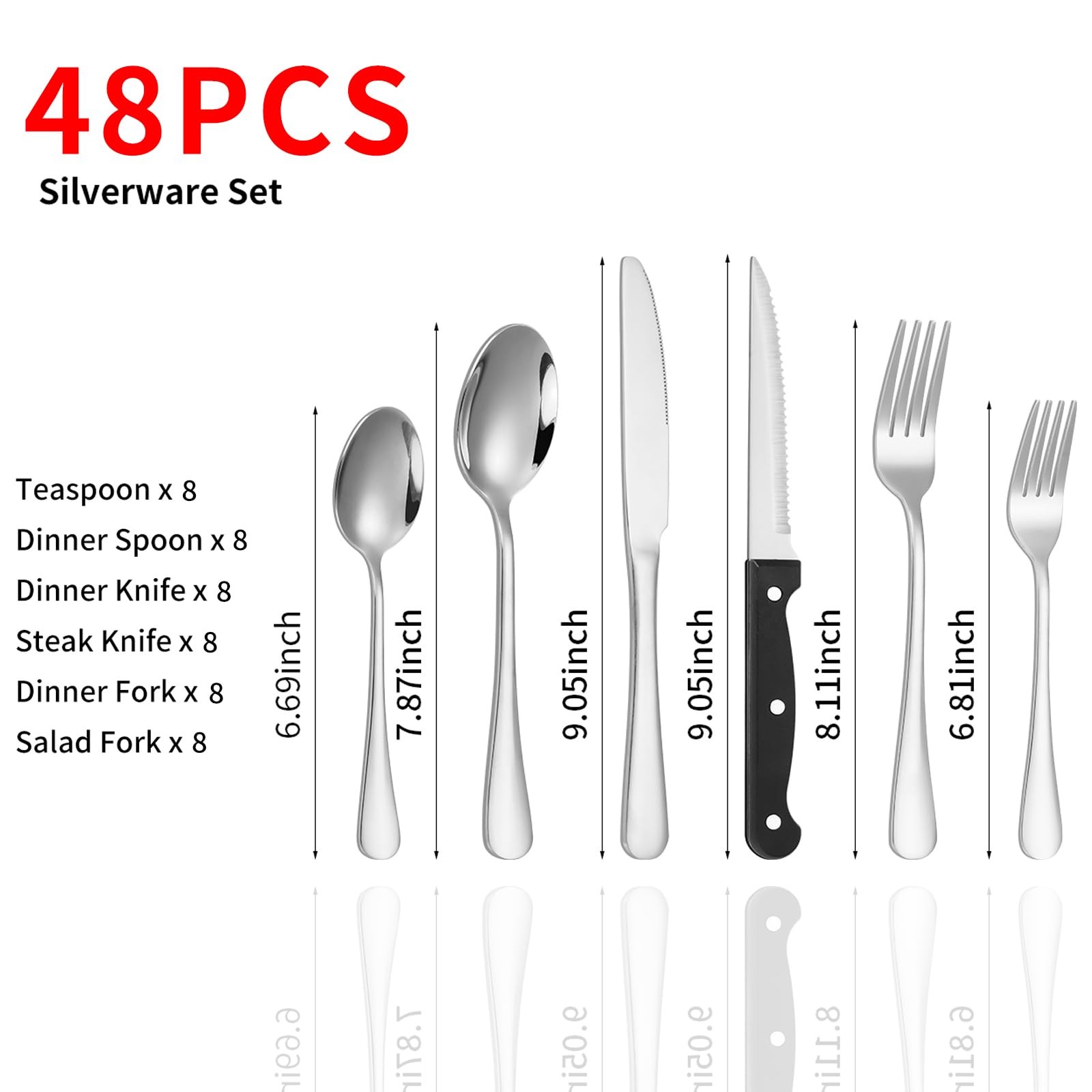 48 Piece Silverware Set for 8 Stainless Steel Flatware Cutlery Mirror Polished D