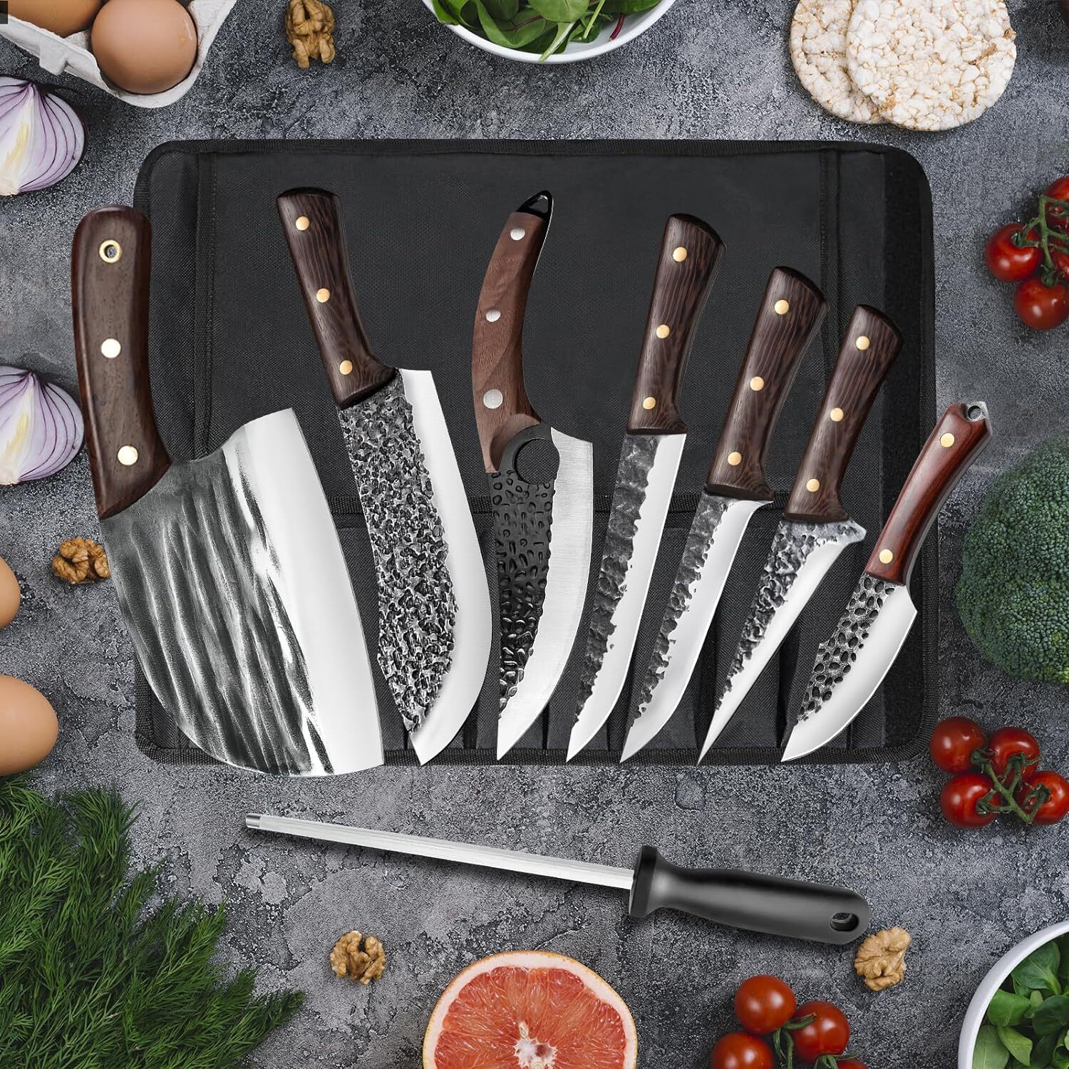 Handmade HAND FORGED DAMASCUS STEEL CHEF KNIFE Set Kitchen Knives with Sharpener