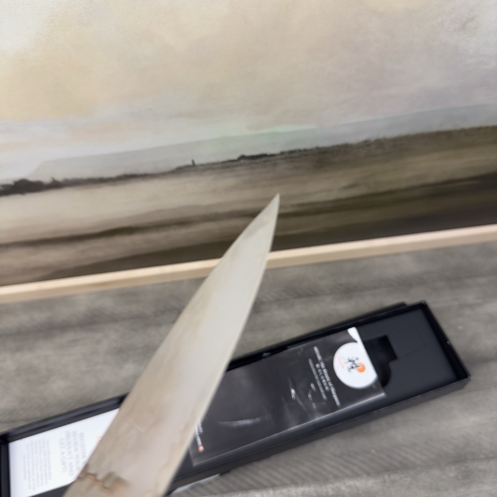 Williams Sonoma Miyabi Artisan Chef’s Knife 6”Silver Multicolor Bent Tip Read OB