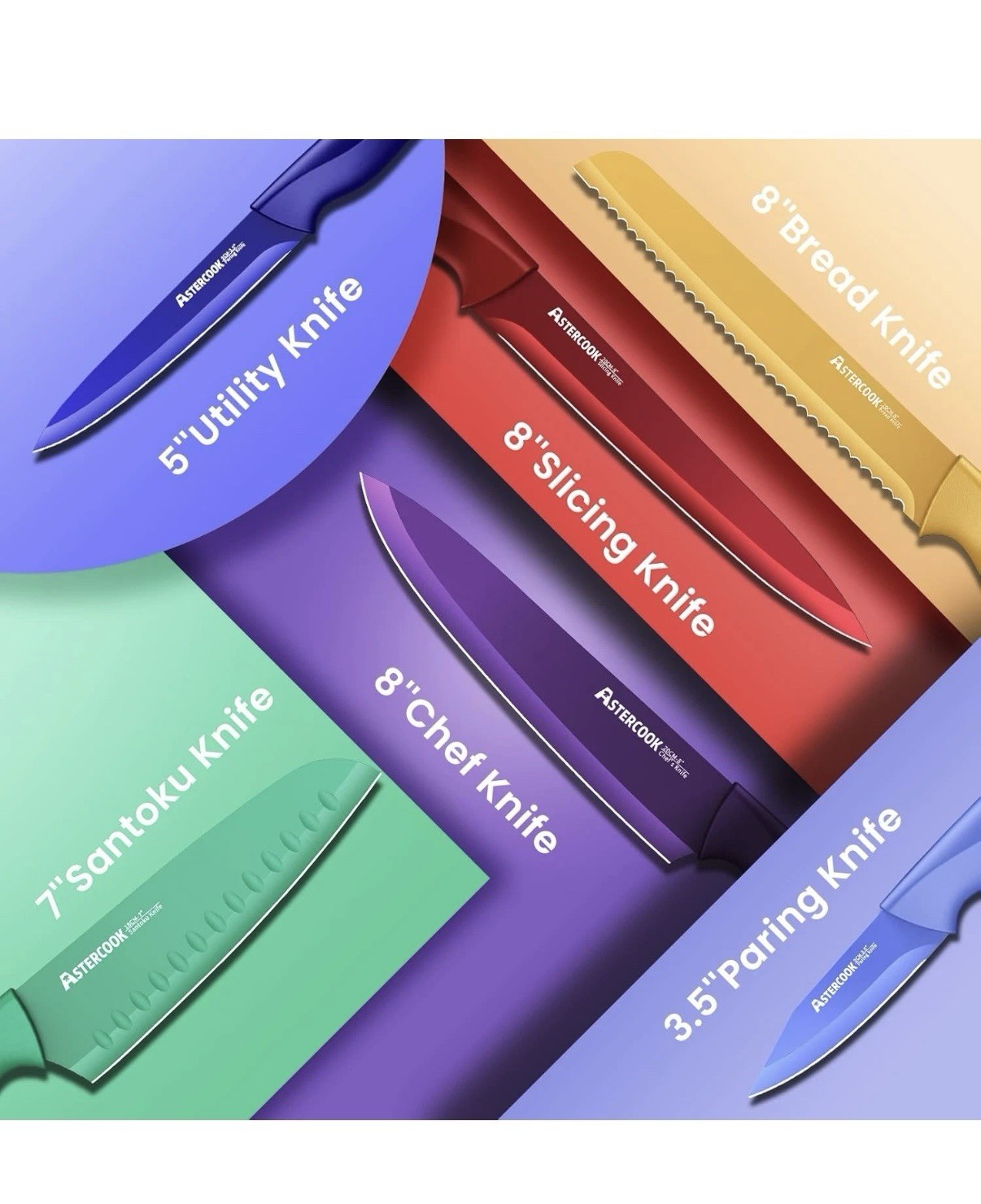 Astercook Knife Set, 12 Pcs Color-Coded Kitchen Knives Set, 6 Color Anti-Rust Co