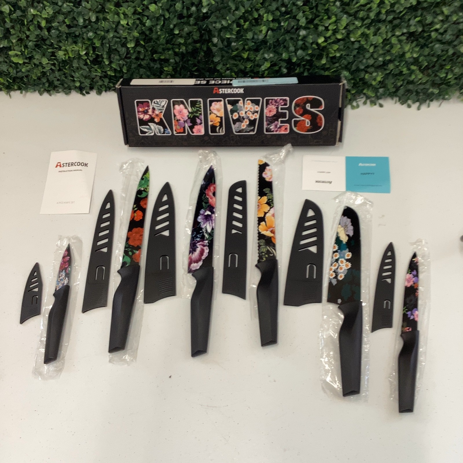 Astercook Floral Kitchen 6 piece Knife Set with Sheaths
