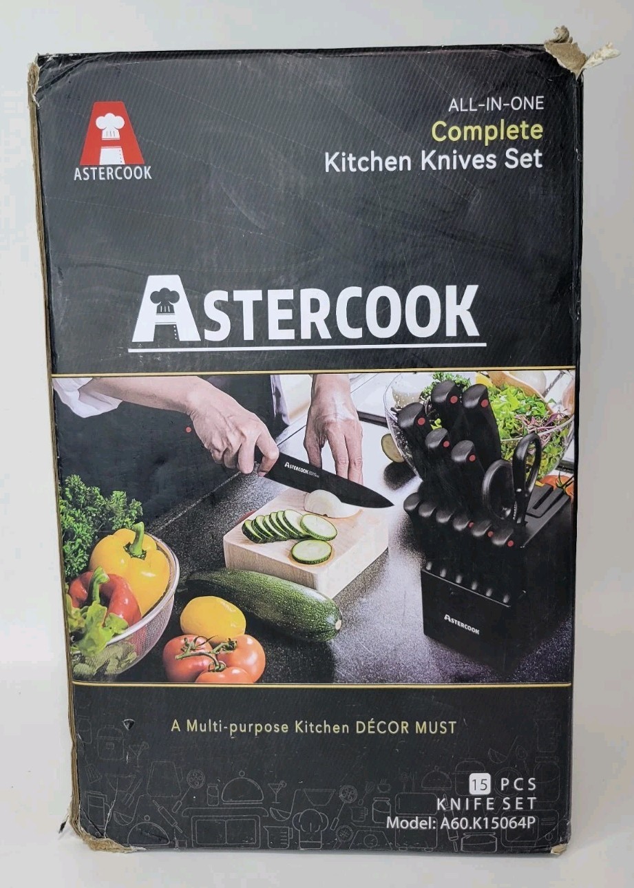 Astercook A60.K15064P Black 15 Pieces All-In-One Kitchen Knives Set
