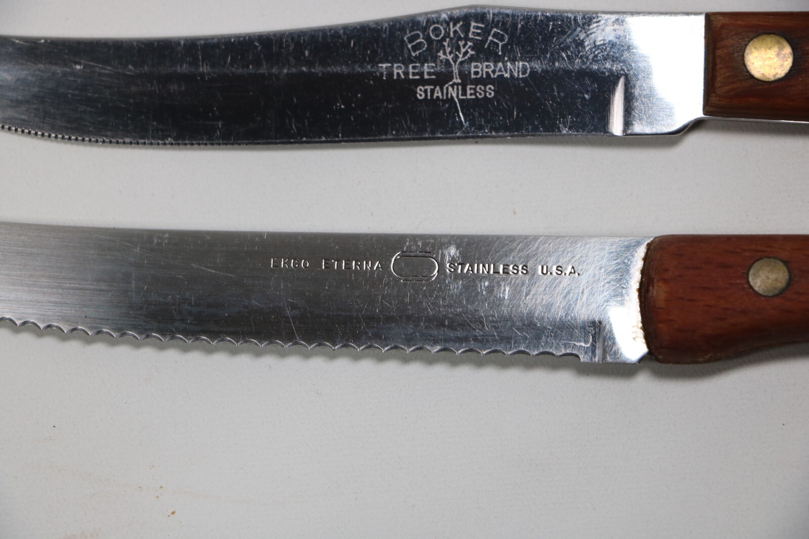 Vintage Boker Tree Brand Stainless Steak Knife Set 6pc USA Made Knives