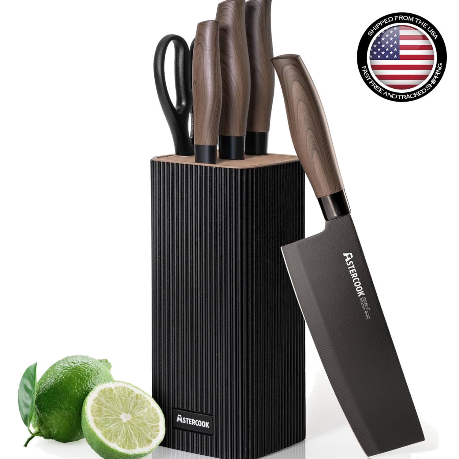 Elegant 6-Piece Kitchen Knife Set with Ergonomic Wood Grain Handles, Black Block