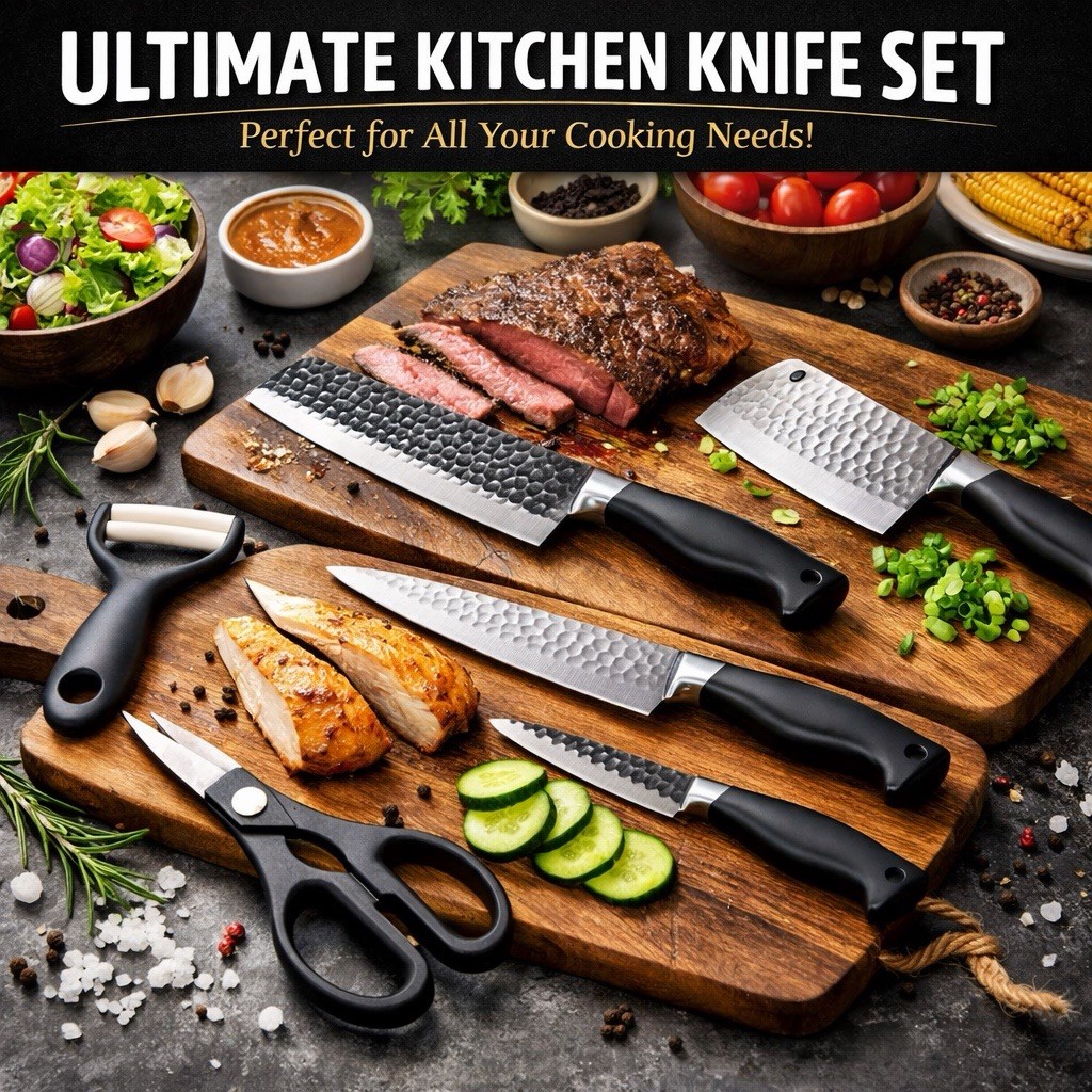 HENVO Hammered Knife Set 6 Pc Chef Cleaver Carving Paring Scissors Peeler ER0588