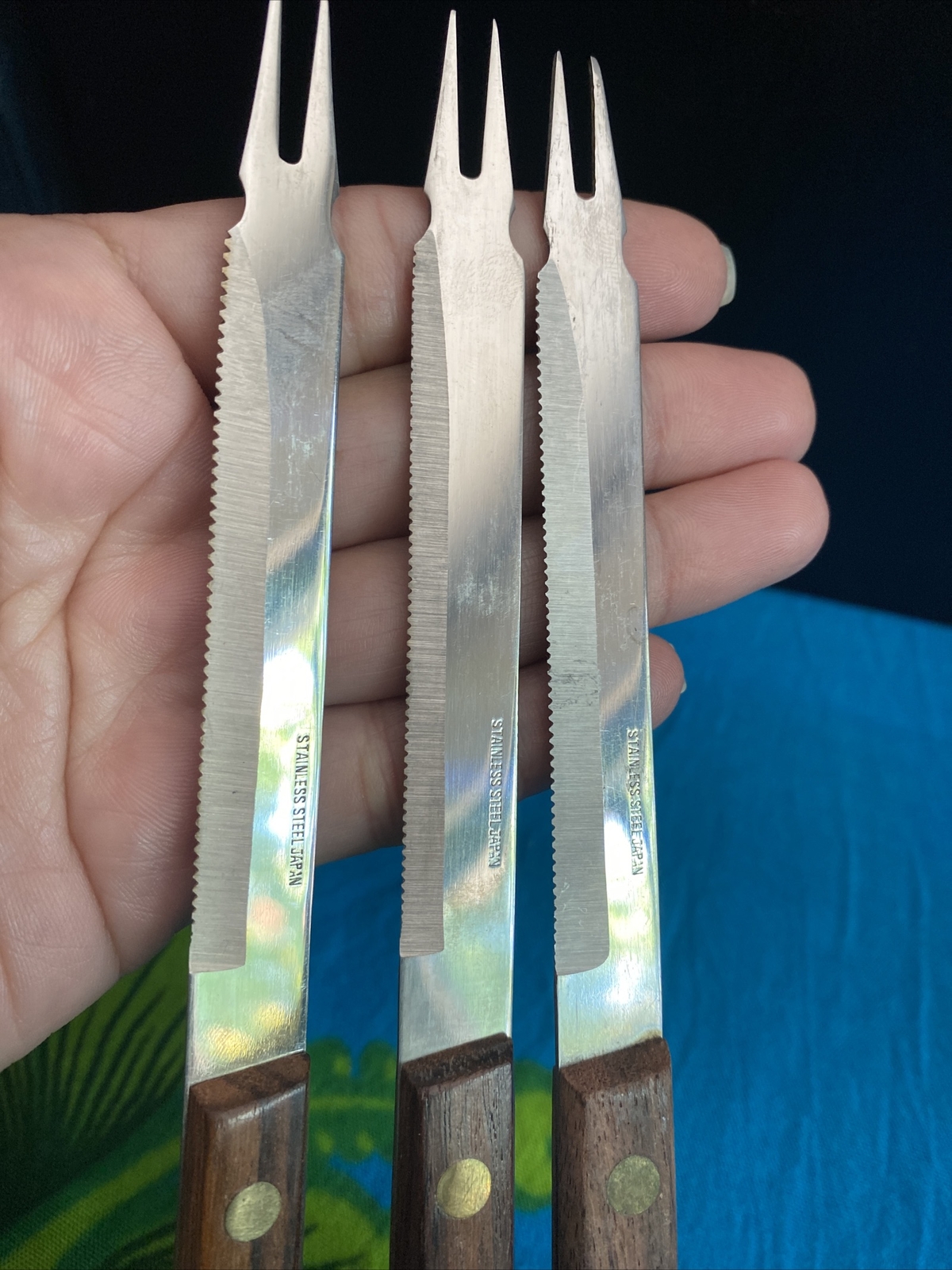 Vintage Lot 3 Hors D’ Oeuvre Serrated Knives Rivets Exotic Wood See Photos Japan