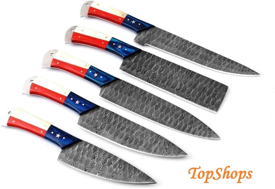5 Set Lot (5Pcs) Handmade Damascus Steel Chef Knife Texas Flag Bone & Roll Bag