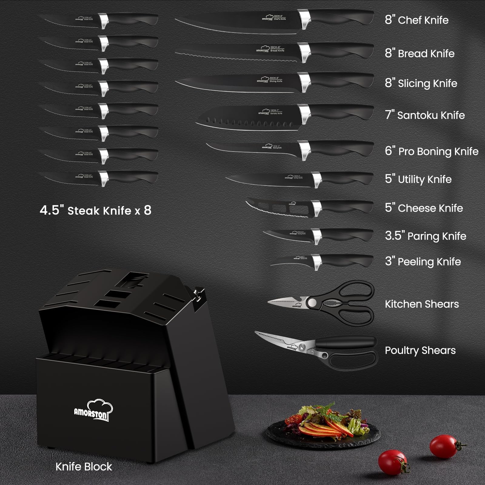 Knife Set, Amorston 21 Pieces Kitchen Set with Block and Sharpener, Ultra-Sharp