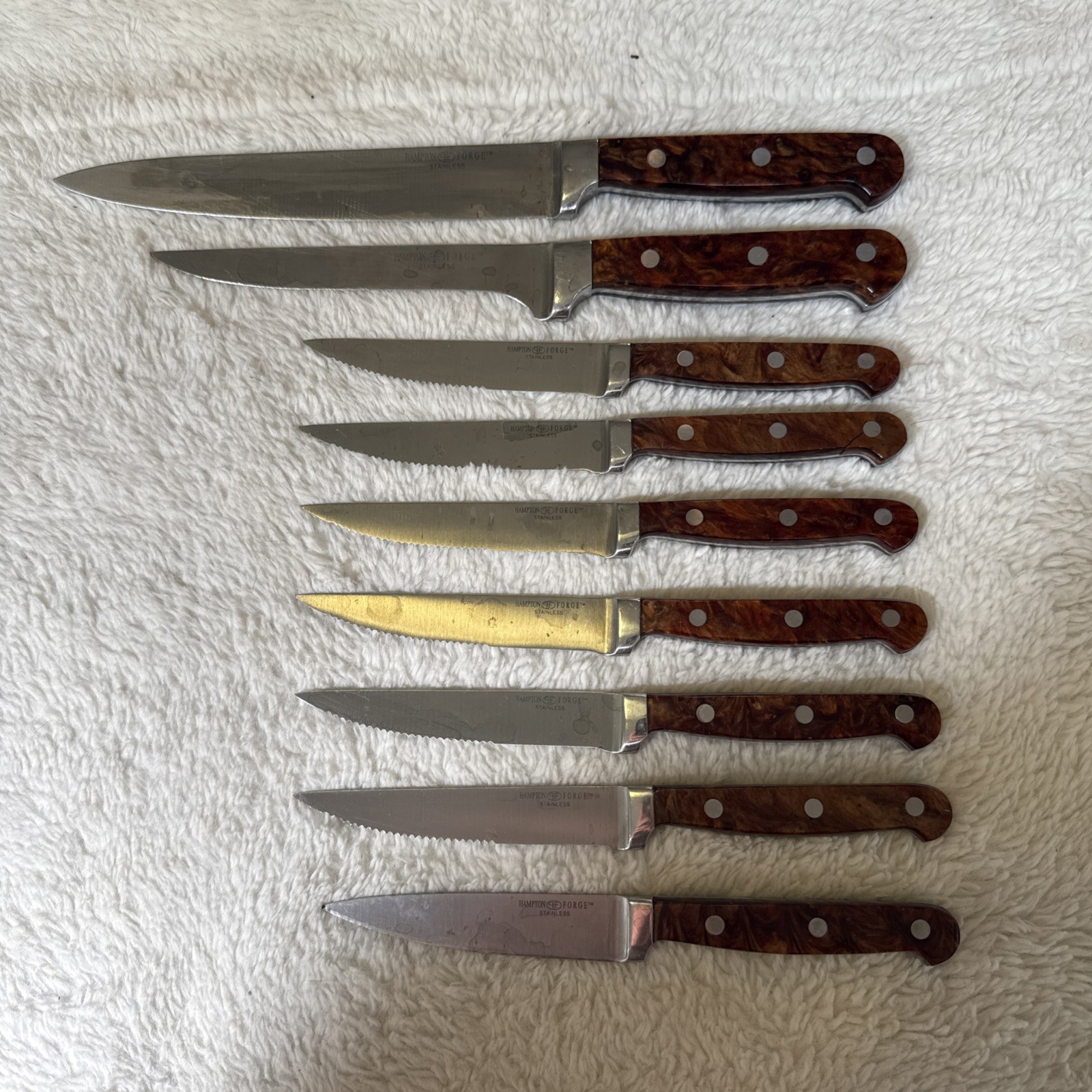 Hampton Forge Argentum 9 Pc Knife Set Gloss Resin Handle Stainless Steel Brown.