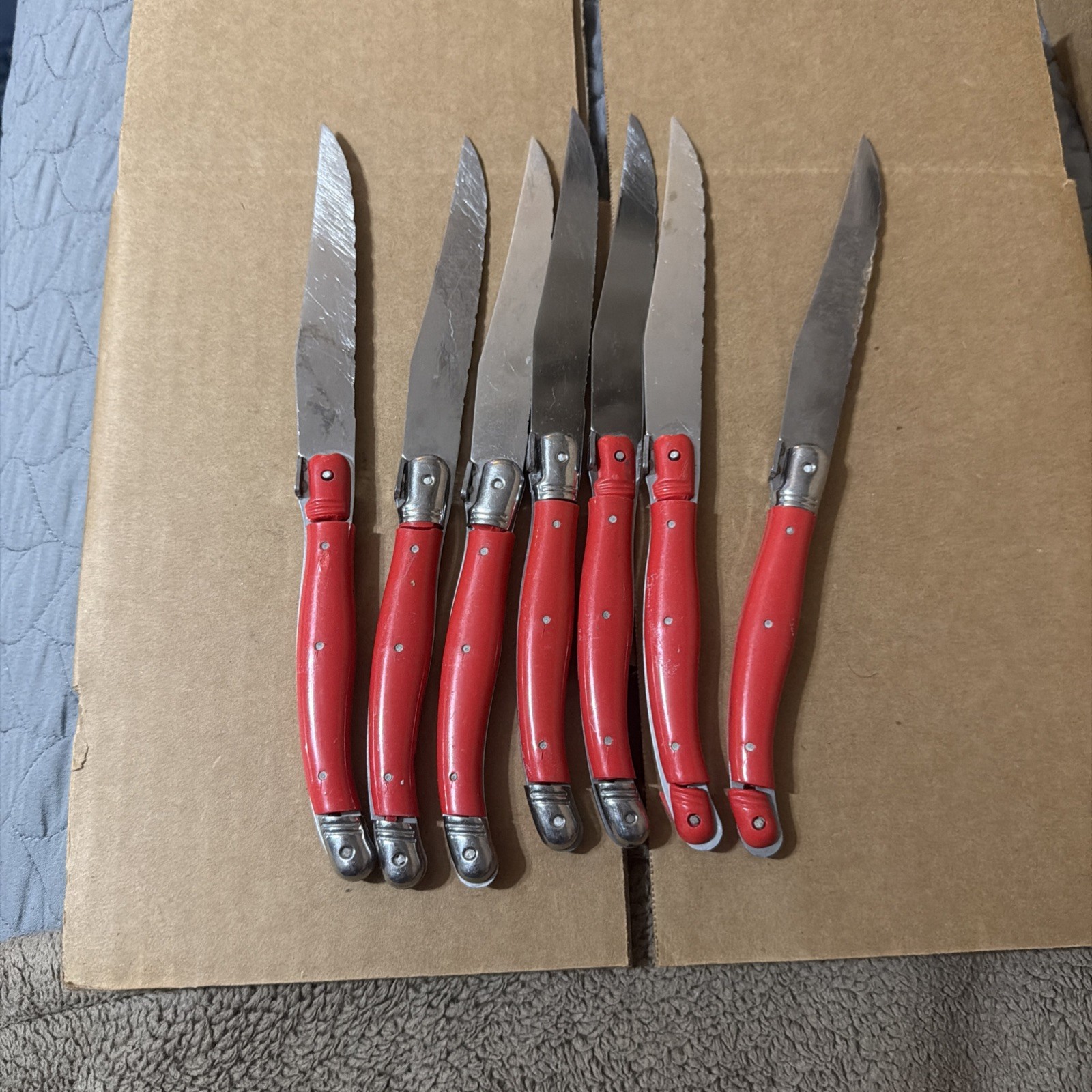 Jean Dubost Laguiole Steak Knives, Set of 7, In Red, see pics!