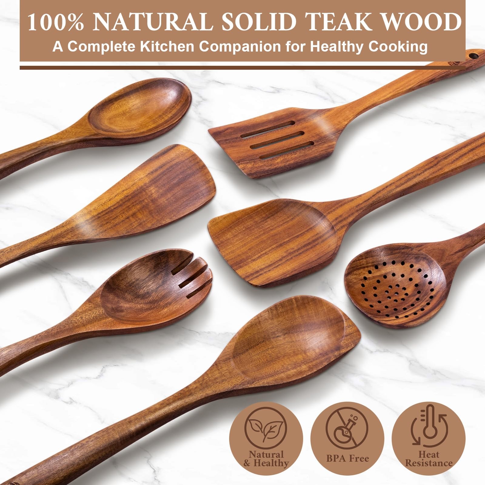 Vorisebo 7 Piece Wooden Spoons for Cooking, Natural Teak Wooden Utensils Set, Ha