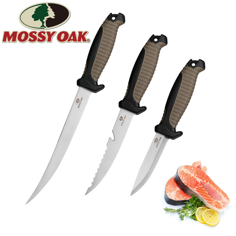 Mossy Oak 3PCS Fishing Knife Sets Stainless Steel Filet Knife Dual-Color Handles