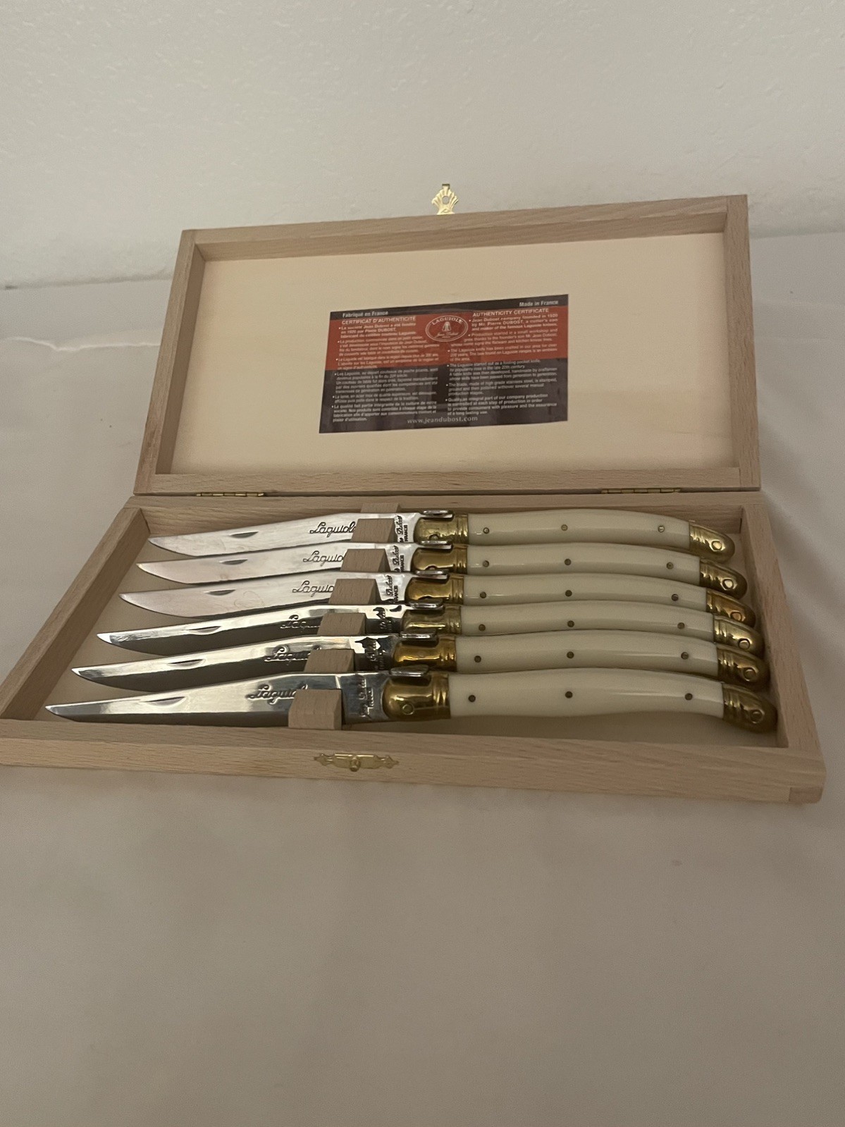 Laguoile 6-Piece Steak Knife Set Ivory Handles Stainless Steel Blades Wood Box