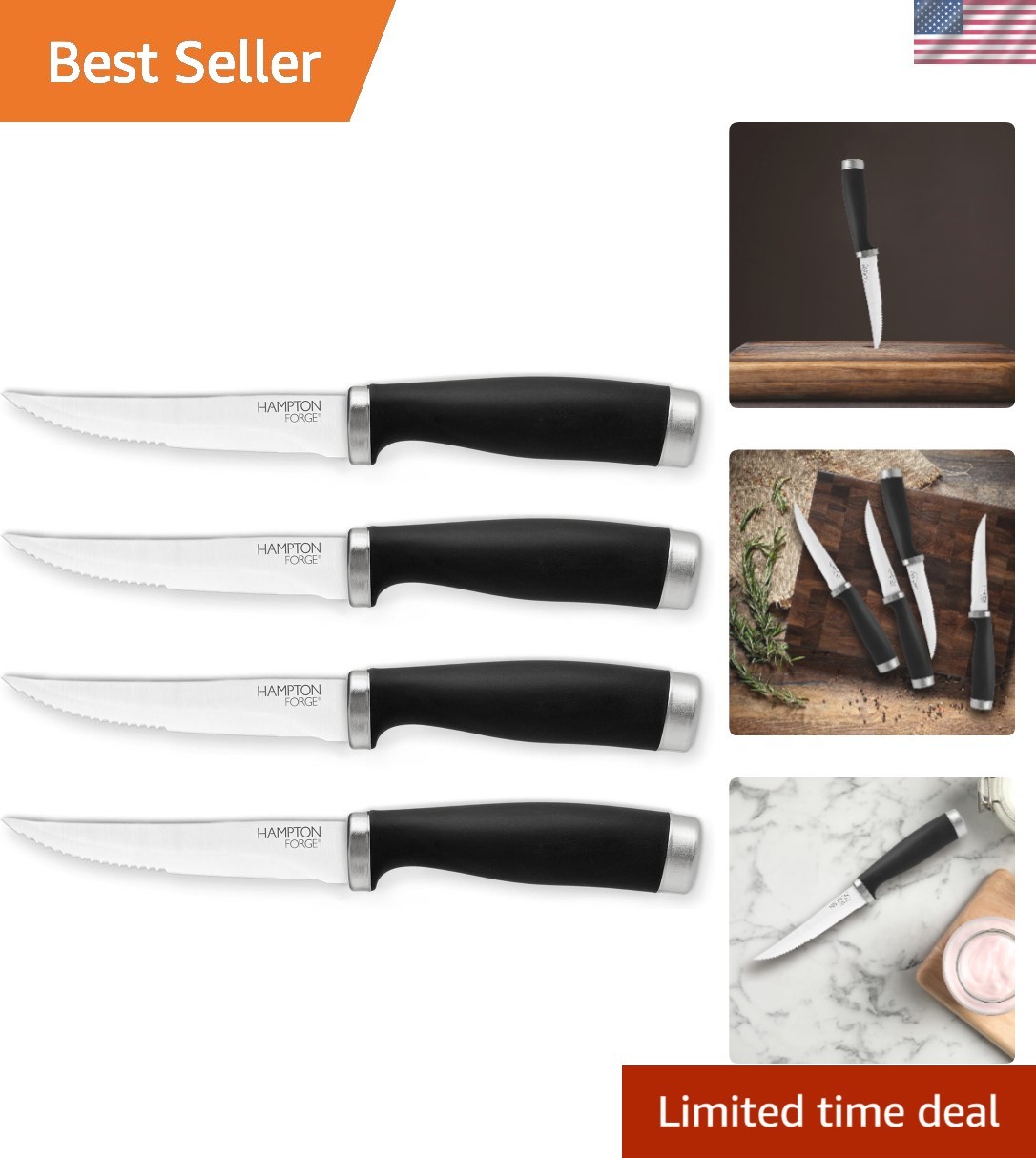 Epicure 4-Piece Steak Knife Set – Ergonomic Soft-Grip Silver & Black Elegance