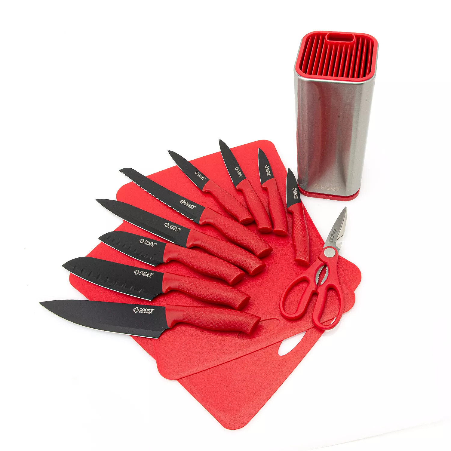 Cooks Companion Red 13-Piece Cutlery Set Storage Block Cutting Boards OPEN BOX
