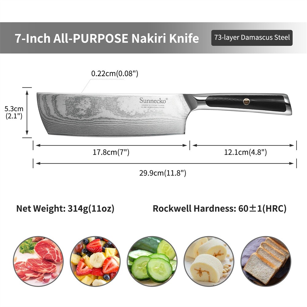 Japanese Nakiri Knife 7 Inch VG10 Damascus Steel Cleaver Cutting Kitchen Knife
