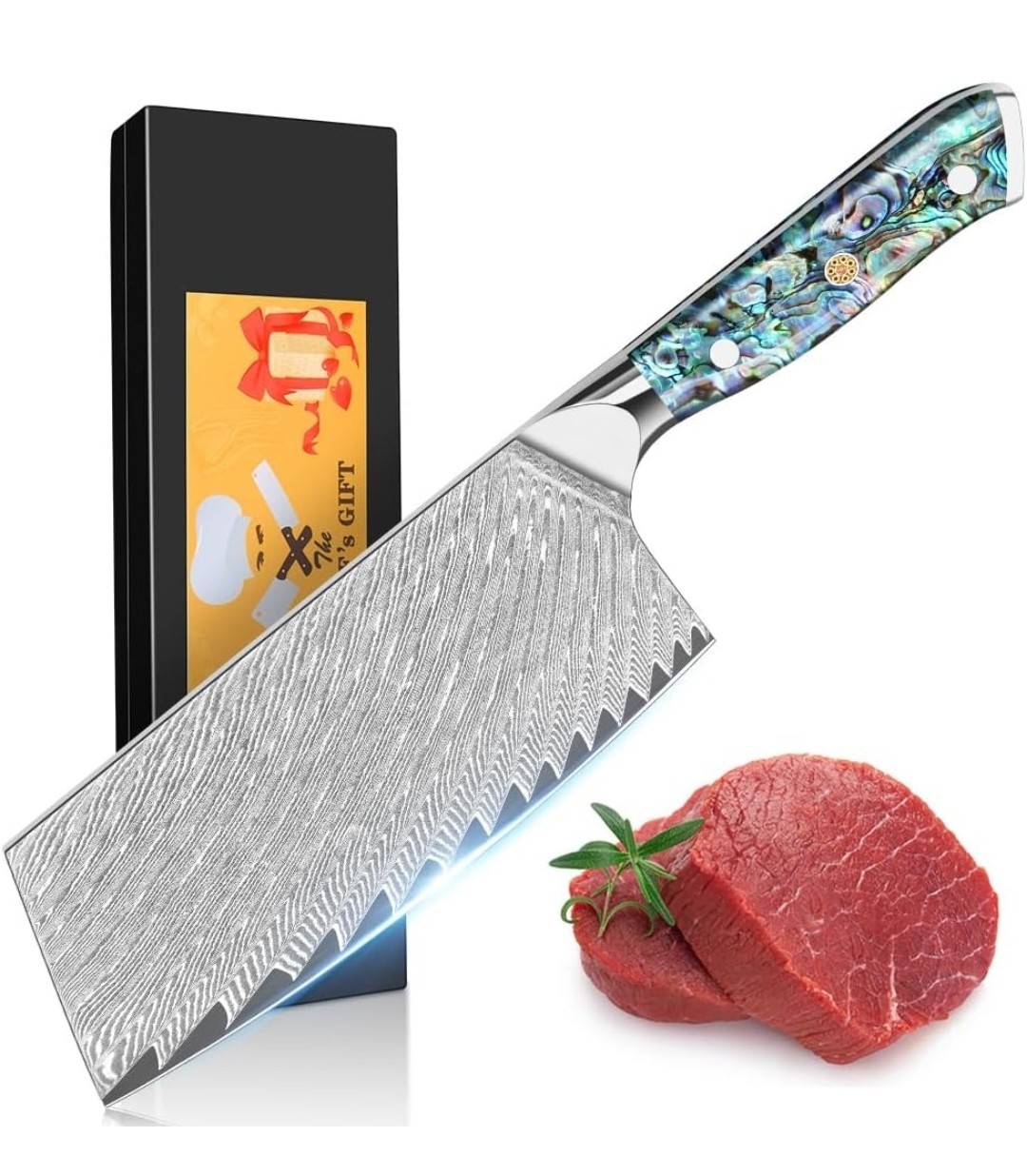 Keenzo Steel Kitchen Chef’s Meat Cleaver Knife 7″ Shell Resin Handle Gift Box