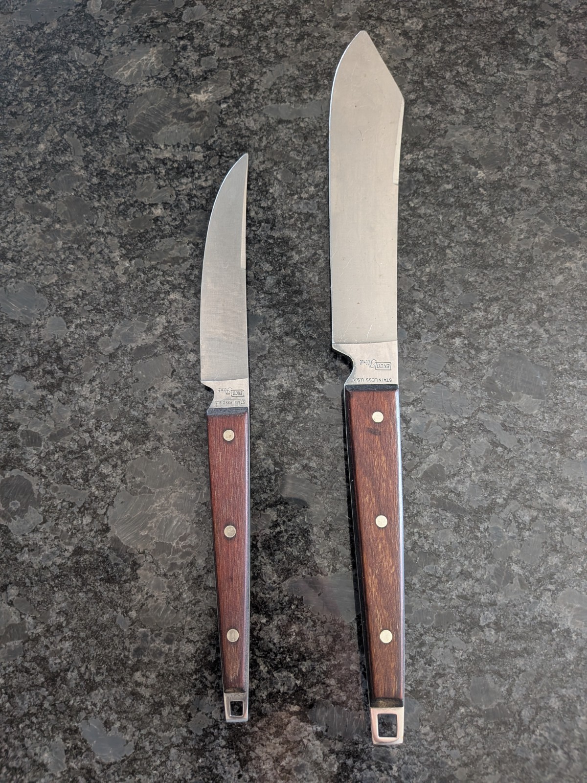 Vintage EKCO Flint Stainless USA Chef Knife & Utility Knife Set Wood Handle 13″
