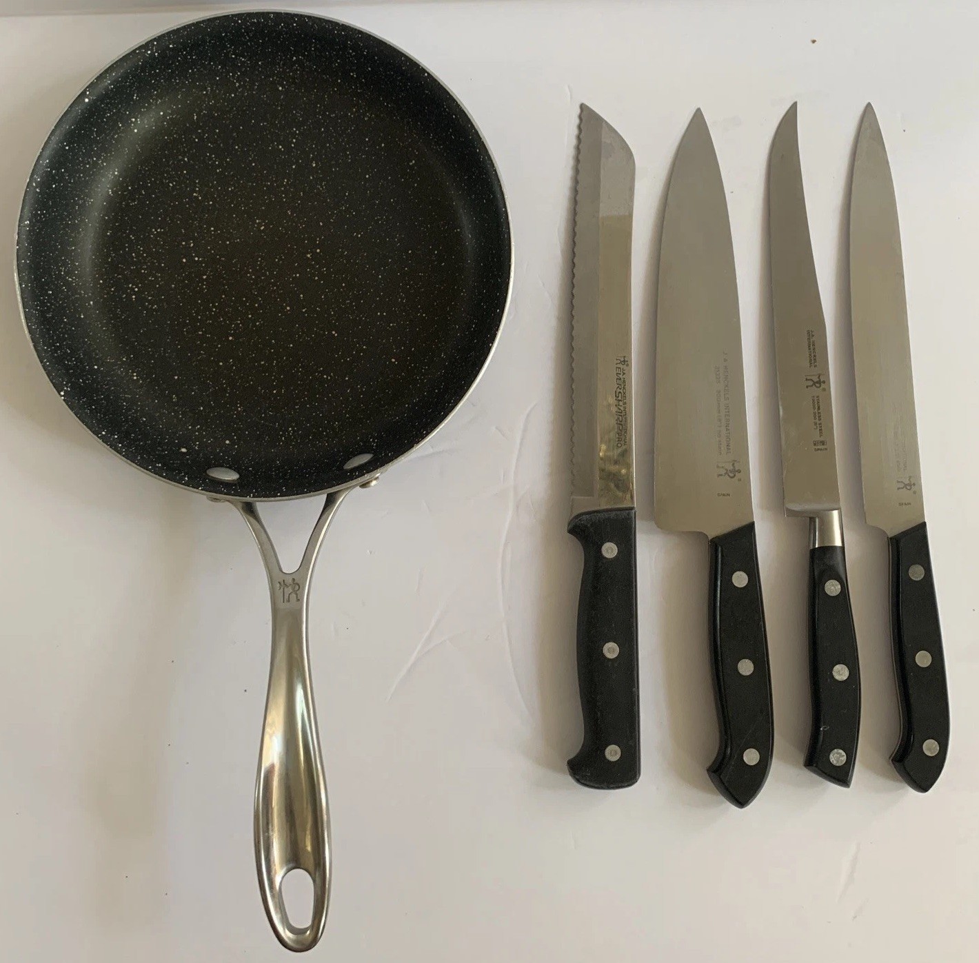 Lot Of 5 Henckels Chef Cooking Slicing Bread Knives Spain , Granite Italy 8” Pan