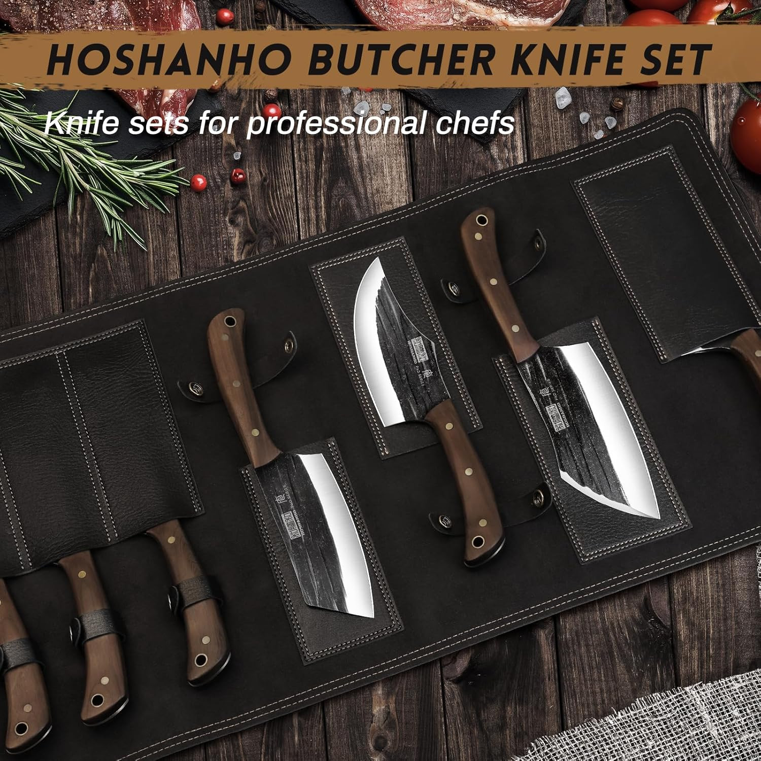Butcher Knife Set, Hand Forged Butcher Chef Knife Set with Roll Bag, Sharp Meat