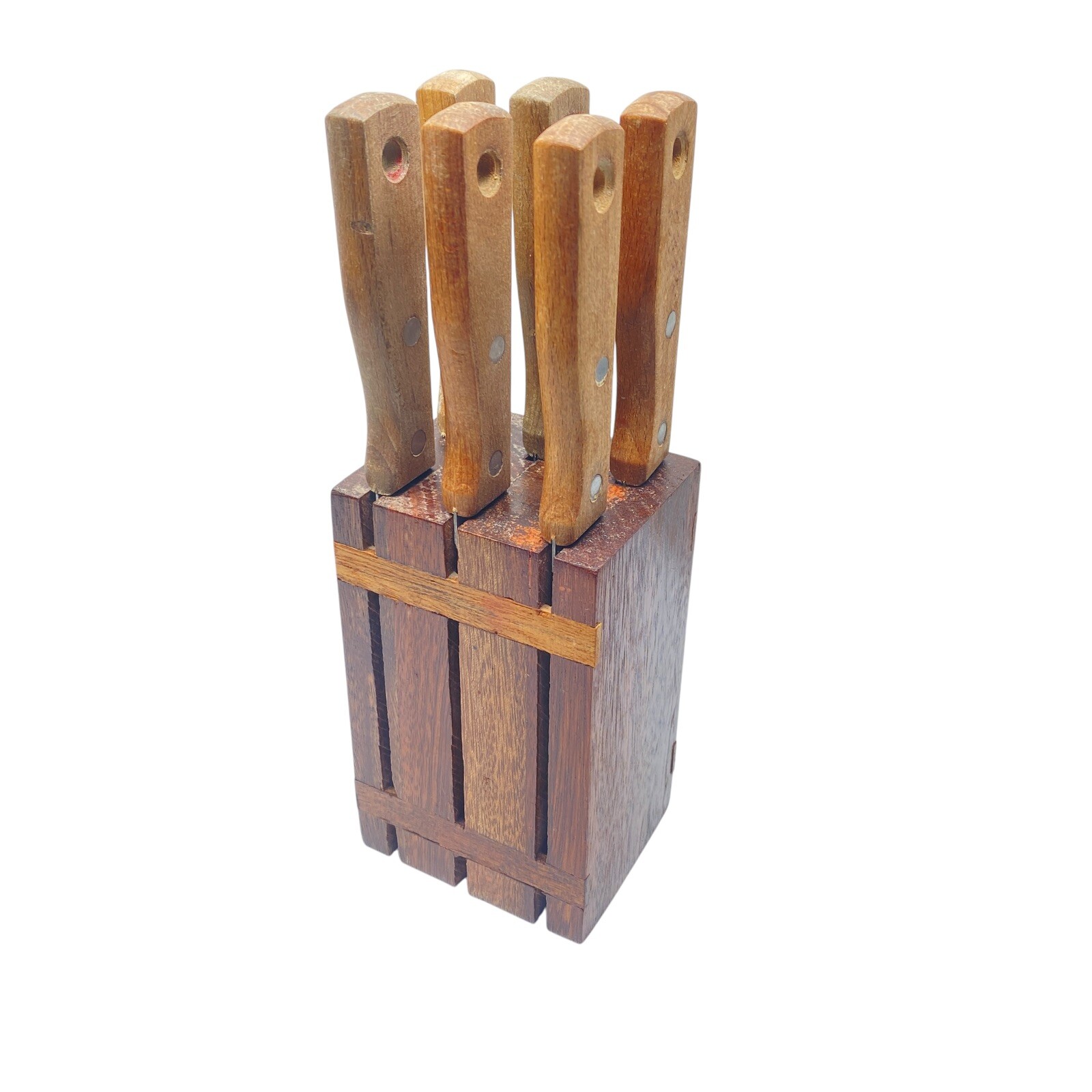 Mighty Chef Steak Knives Vintage Stainless Steel Japan Set 6 With Wood Block