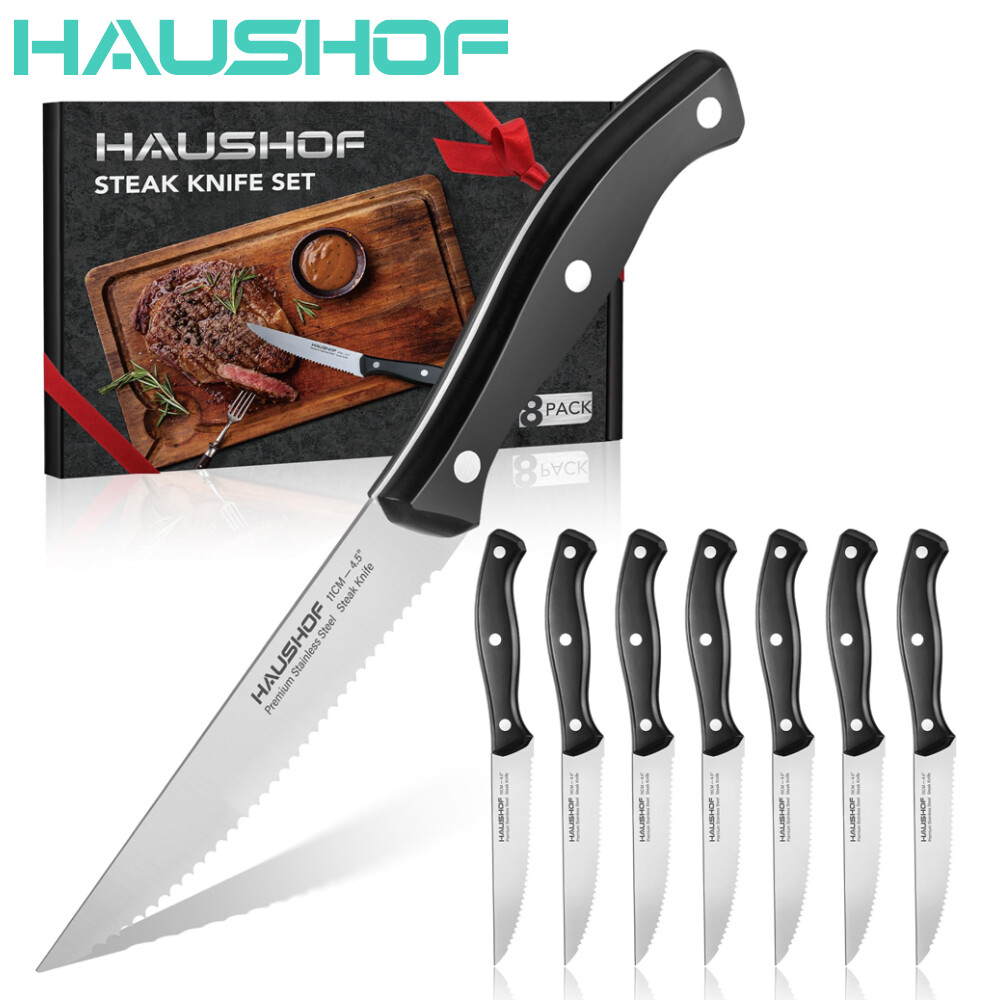 HAUSHOF 8PCS 9″ Steak Knives Set Serrated Full Tang Blade Stainless Steel Knives