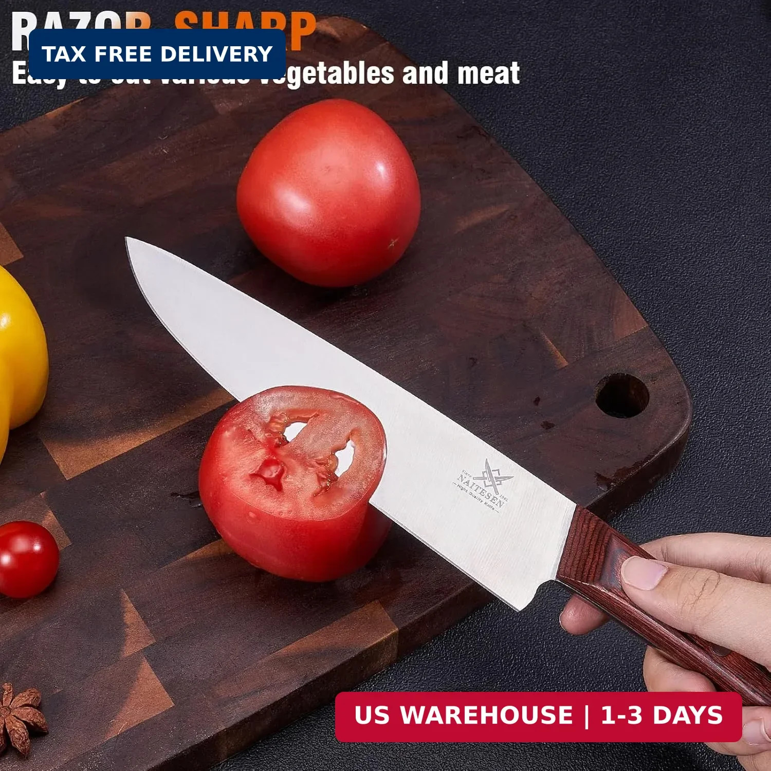 Naitesen 5PCS Professional Kitchen Chef Knife Set with Blade Guards, Wood Handle