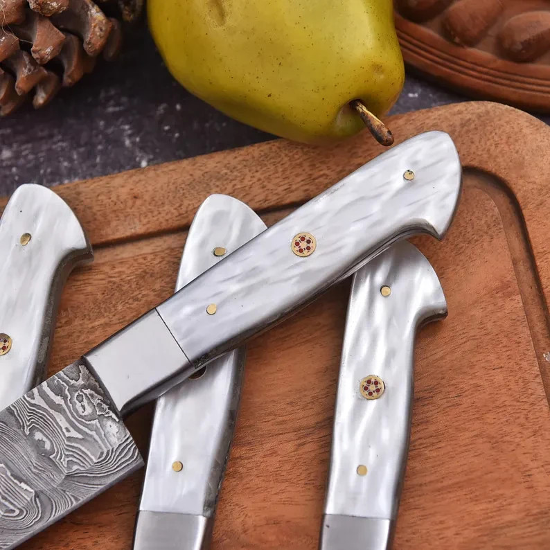 Handmade Damascus Chef Knife Set | 5-Piece Kitchen Knives with Leather Roll