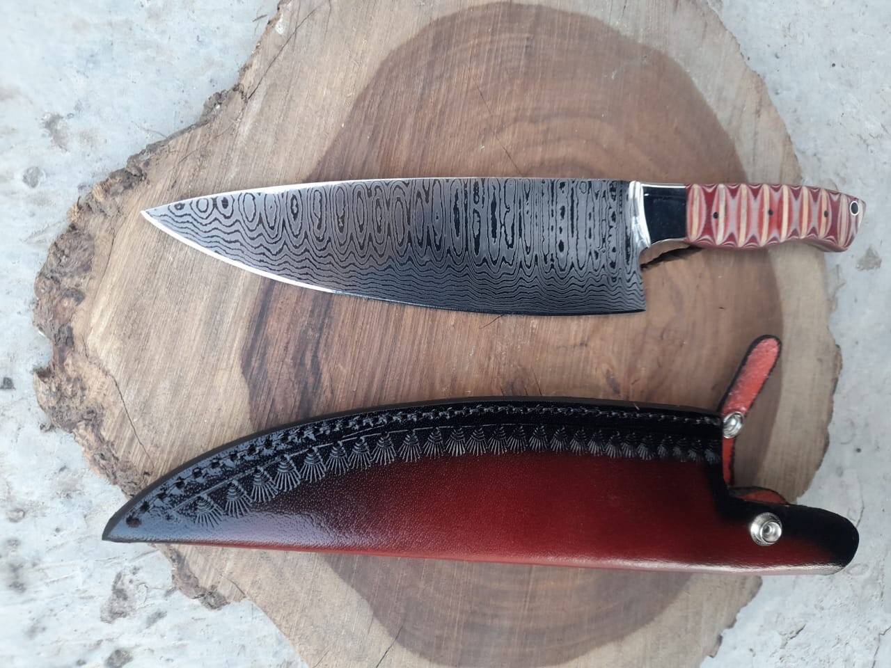 Handmade 13 inches Chef Knife Damascus Steel With Leather sheath Handle Resin