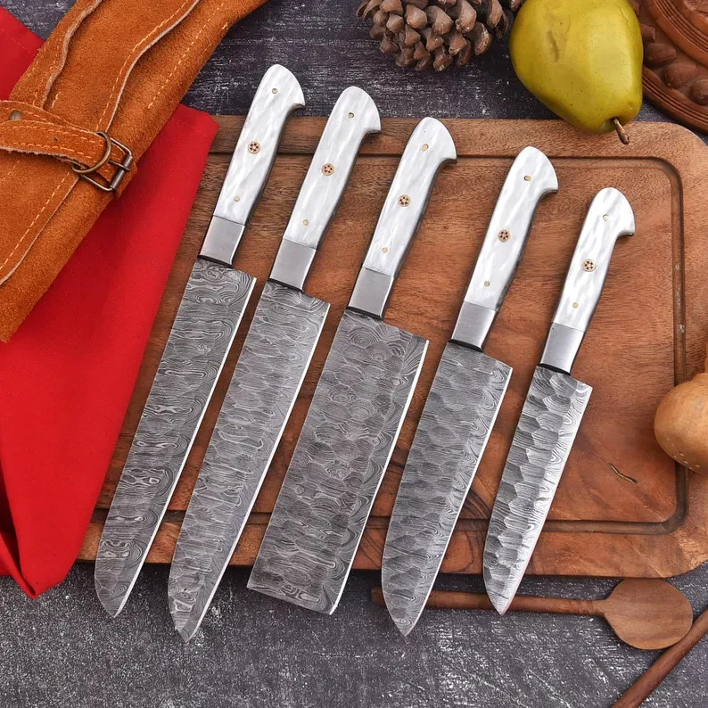 Handmade Damascus Chef Knife Set | 5-Piece Kitchen Knives with Leather Roll
