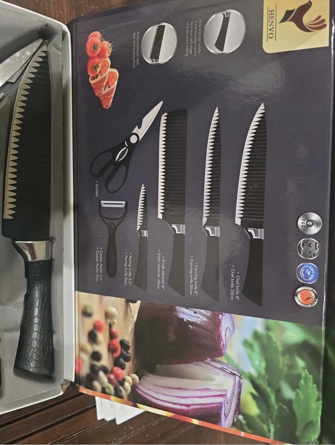 HENVO 6pc Stainless Steel Serrated Knife Set w/ Scissors Black ER-0238A
