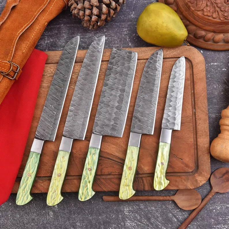 Handmade Damascus Chef Knife Set | 5-Piece Kitchen Knives with Leather Roll