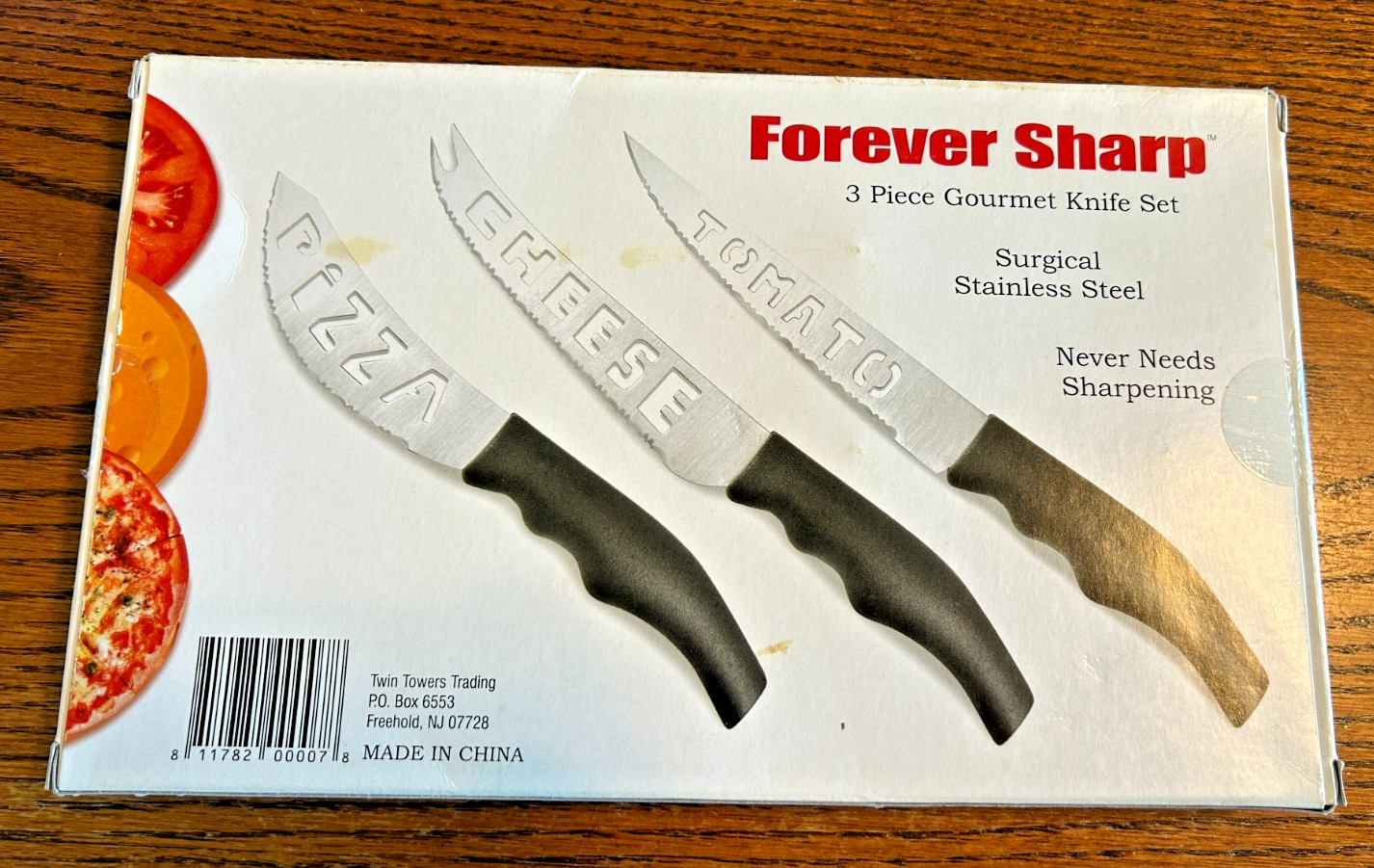 Forever Sharp 3 Piece Gourmet Knife Set Tomato Cheese Pizza NEW